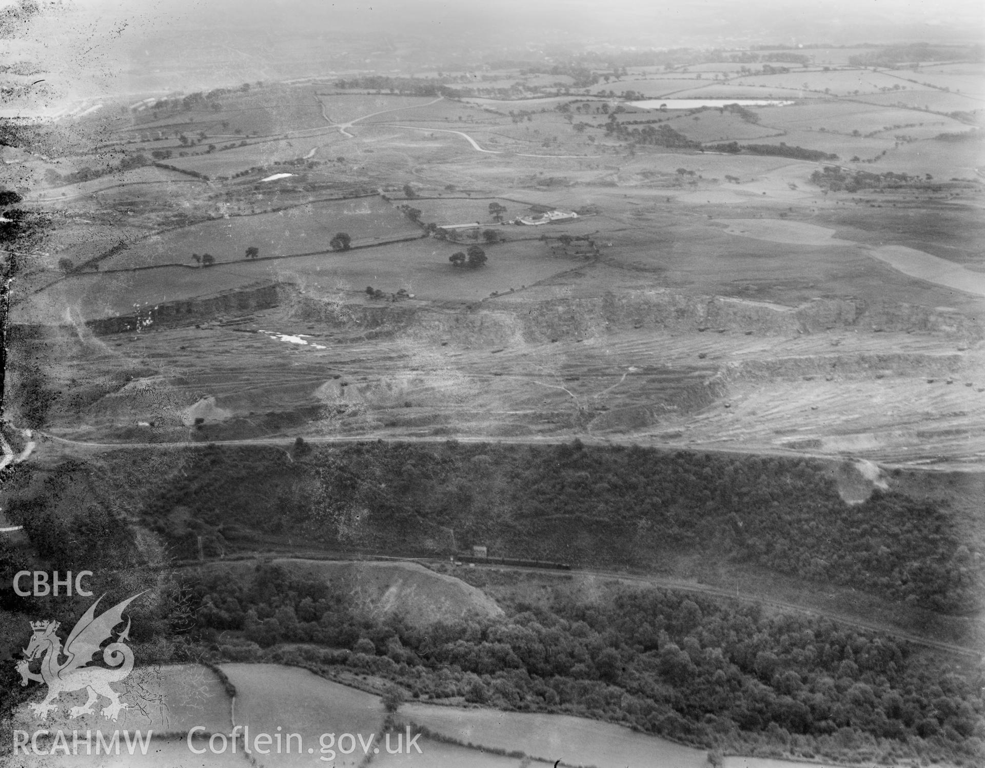 View of Brecon and Merthyr Railway under Morlais Hill, oblique aerial view. 5?x4? black and white glass plate negative.