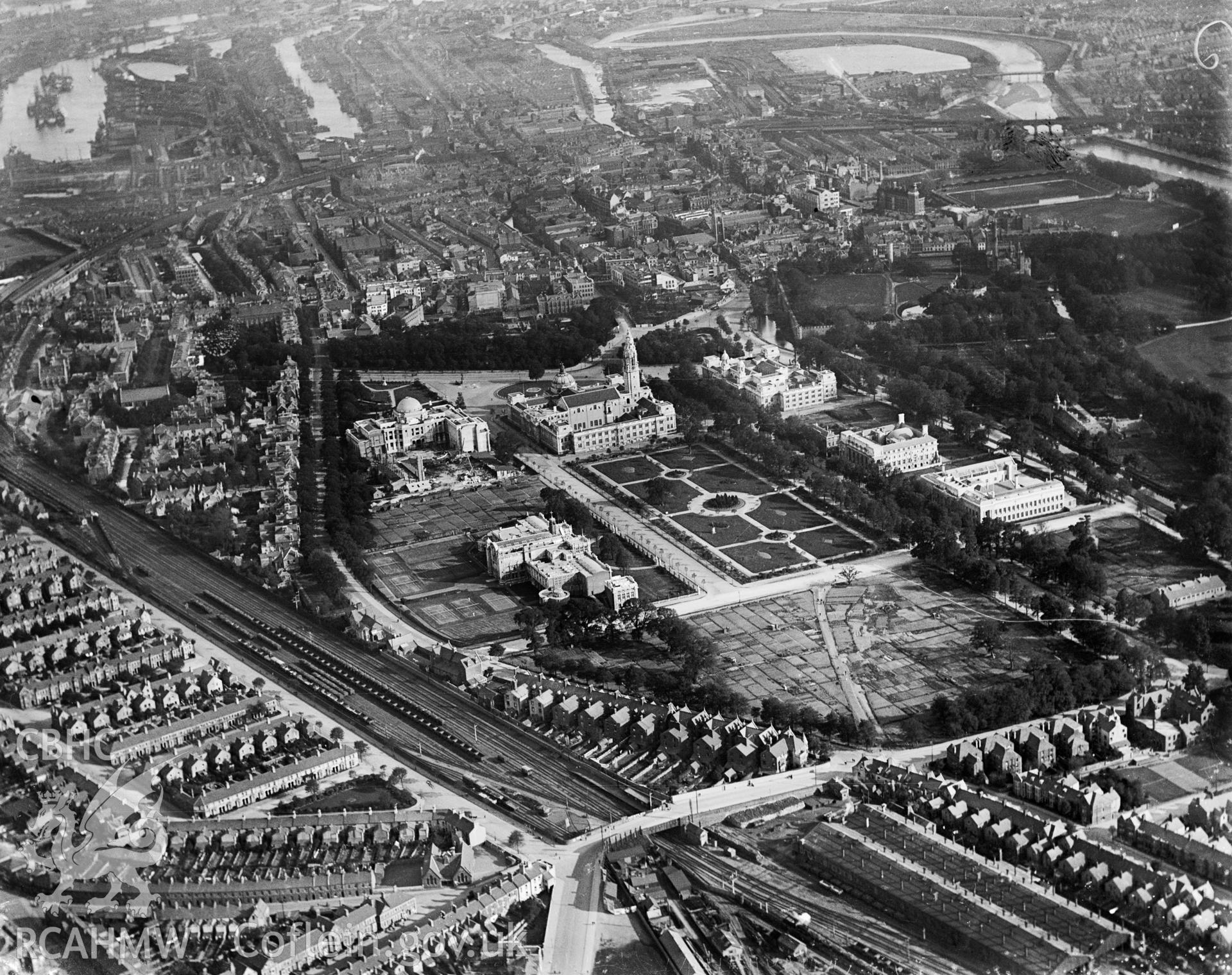 View of Cardiff showing Cathays Park and Civic Centre, oblique aerial view. 5?x4? black and white glass plate negative.