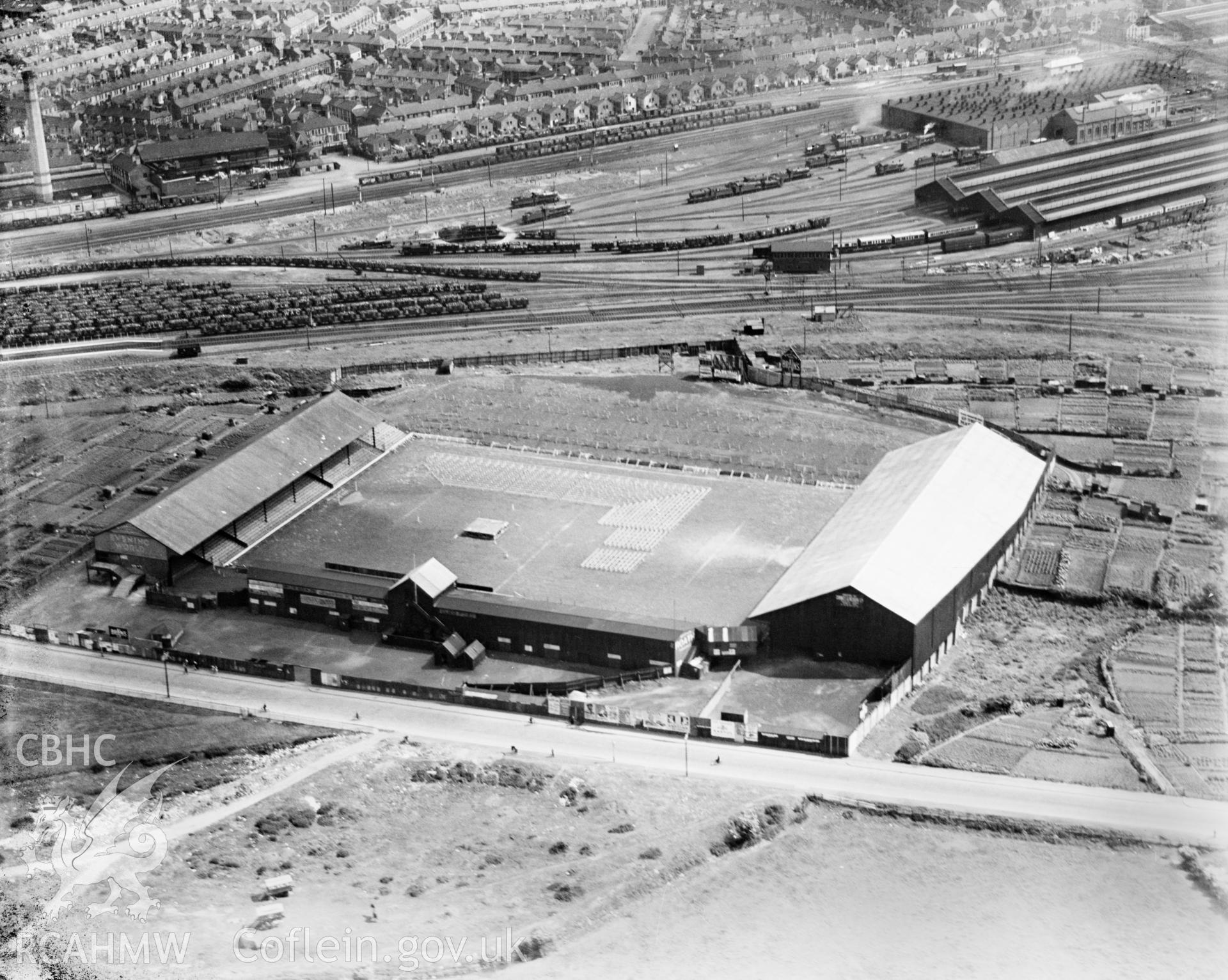 View of Ninian Park football ground showing boxing match, oblique aerial view. 5?x4? black and white glass plate negative.