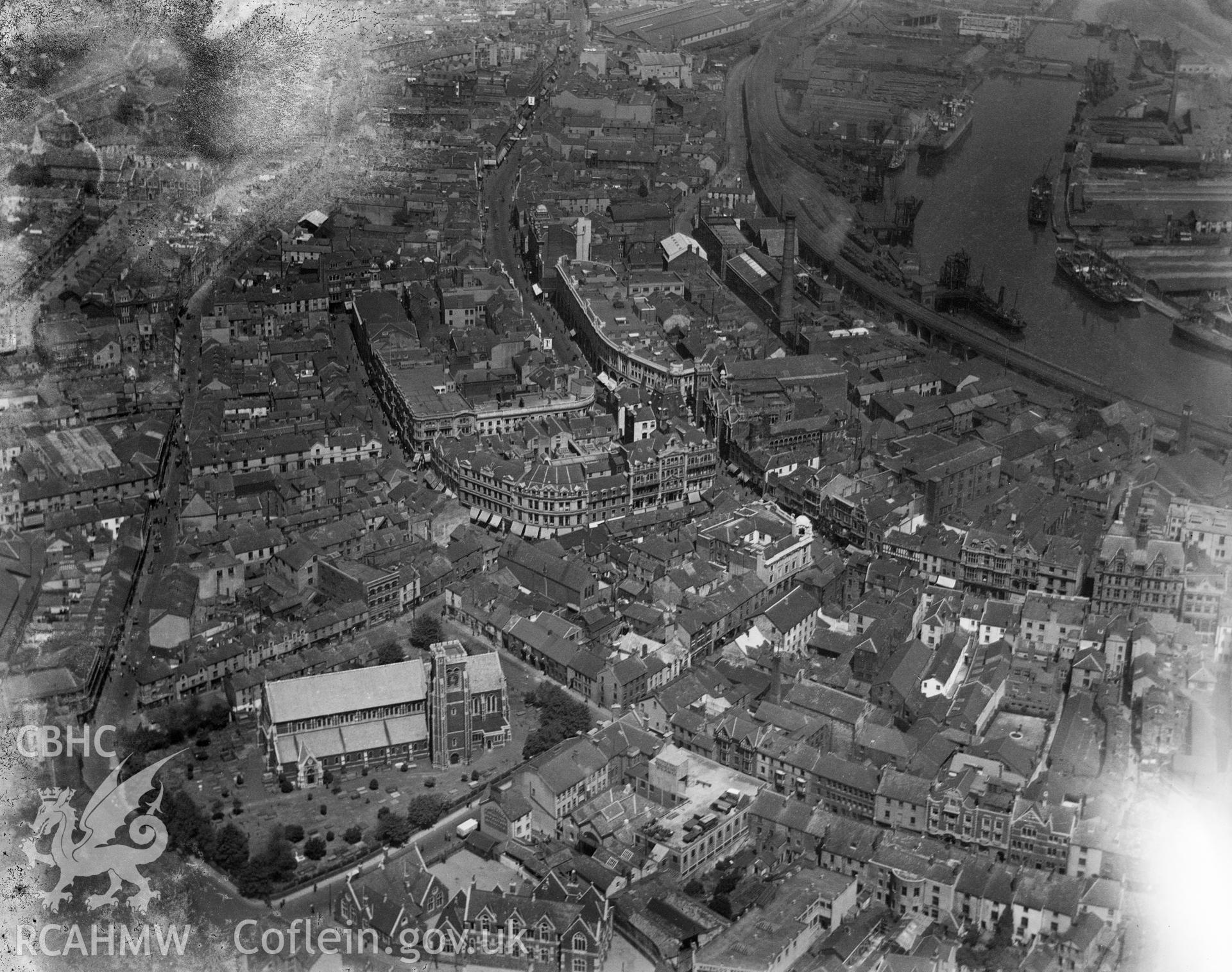 Black and white oblique aerial photograph showing Swansea City, from Aerofilms album Swansea (Box W30), taken by Aerofilms Ltd and dated 1923.