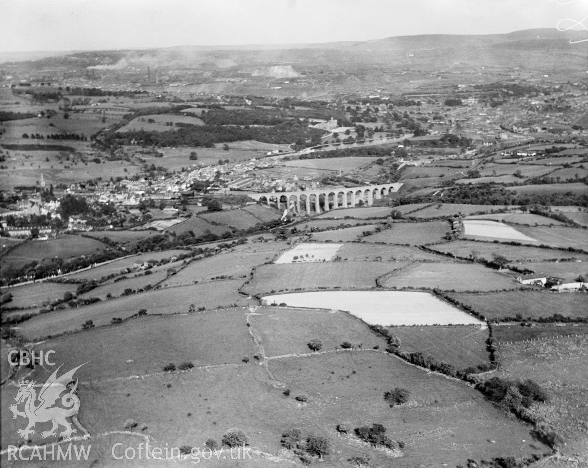 View of Merthyr Tydfil, showing Cefn Viaduct, oblique aerial view. 5?x4? black and white glass plate negative.