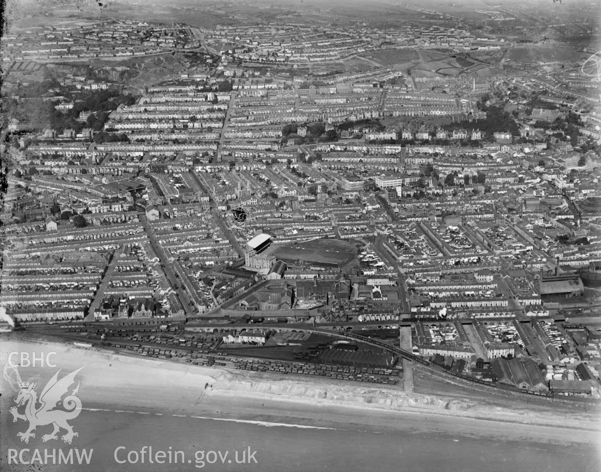 General view of Swansea, showing Vetch field, oblique aerial view. 5?x4? black and white glass plate negative.