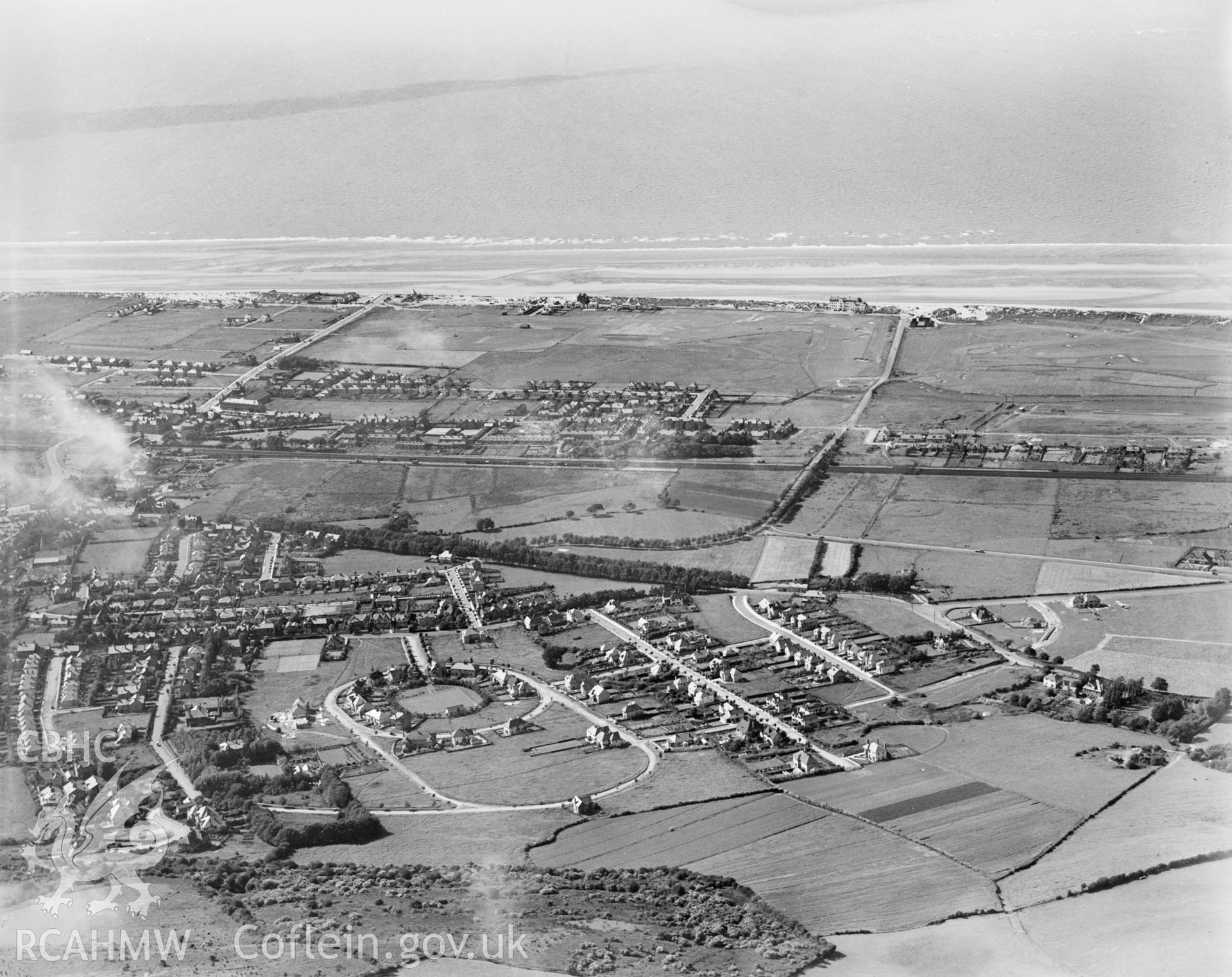 View of Prestatyn showing interwar housing, oblique aerial view. 5?x4? black and white glass plate negative.