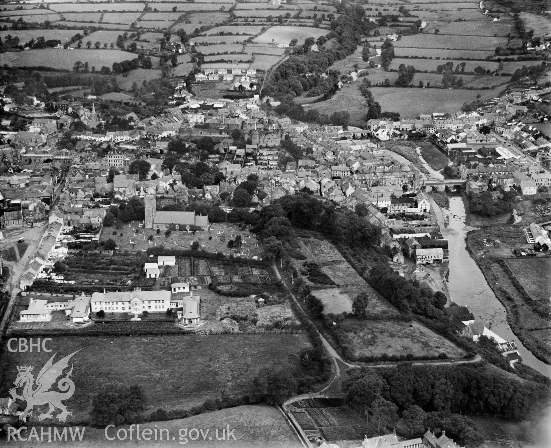 General view of Haverfordwest, showing hospital, oblique aerial view. 5?x4? black and white glass plate negative.