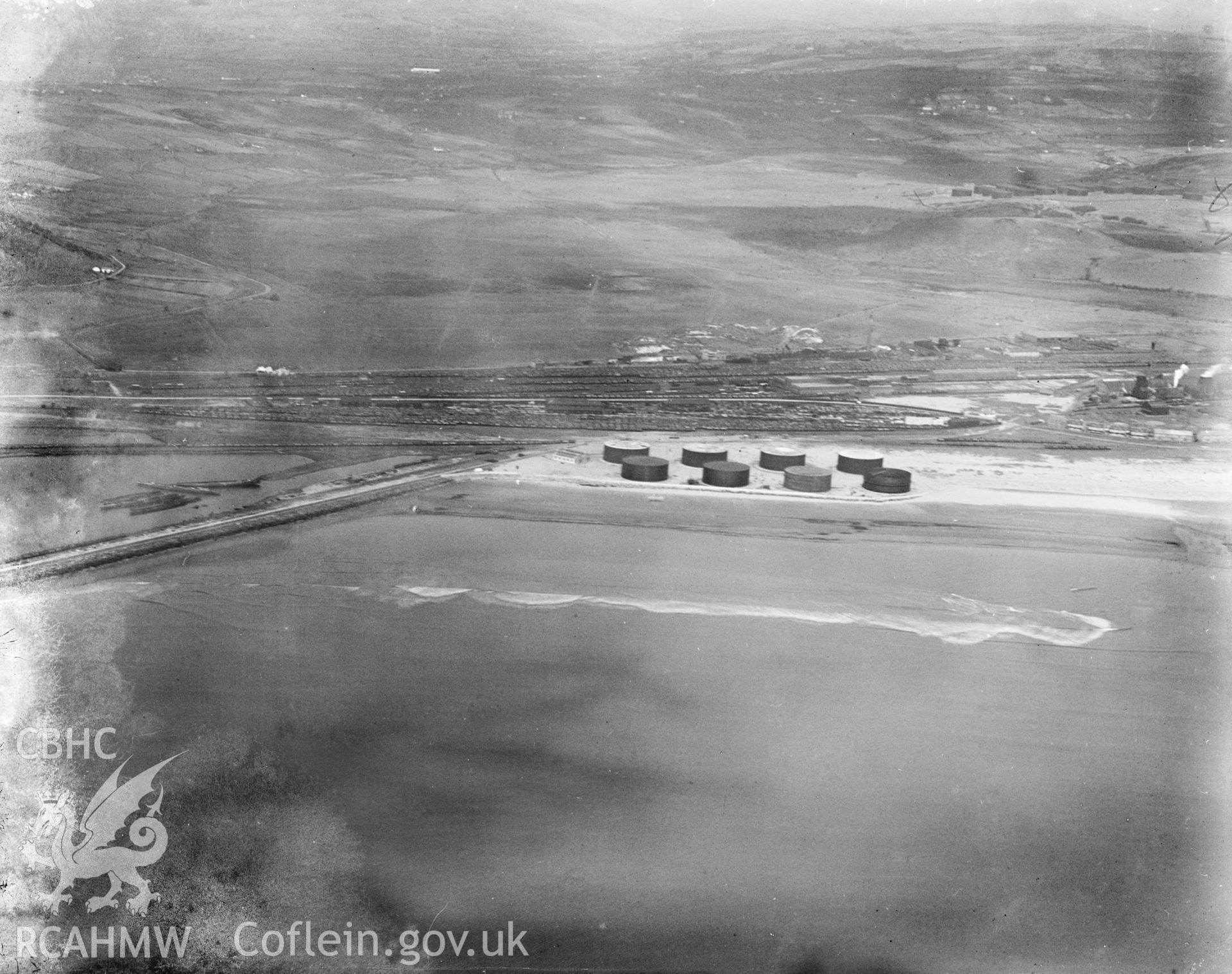 View of Crumlin Burrows, Swansea, storage drums, oblique aerial view. 5?x4? black and white glass plate negative.