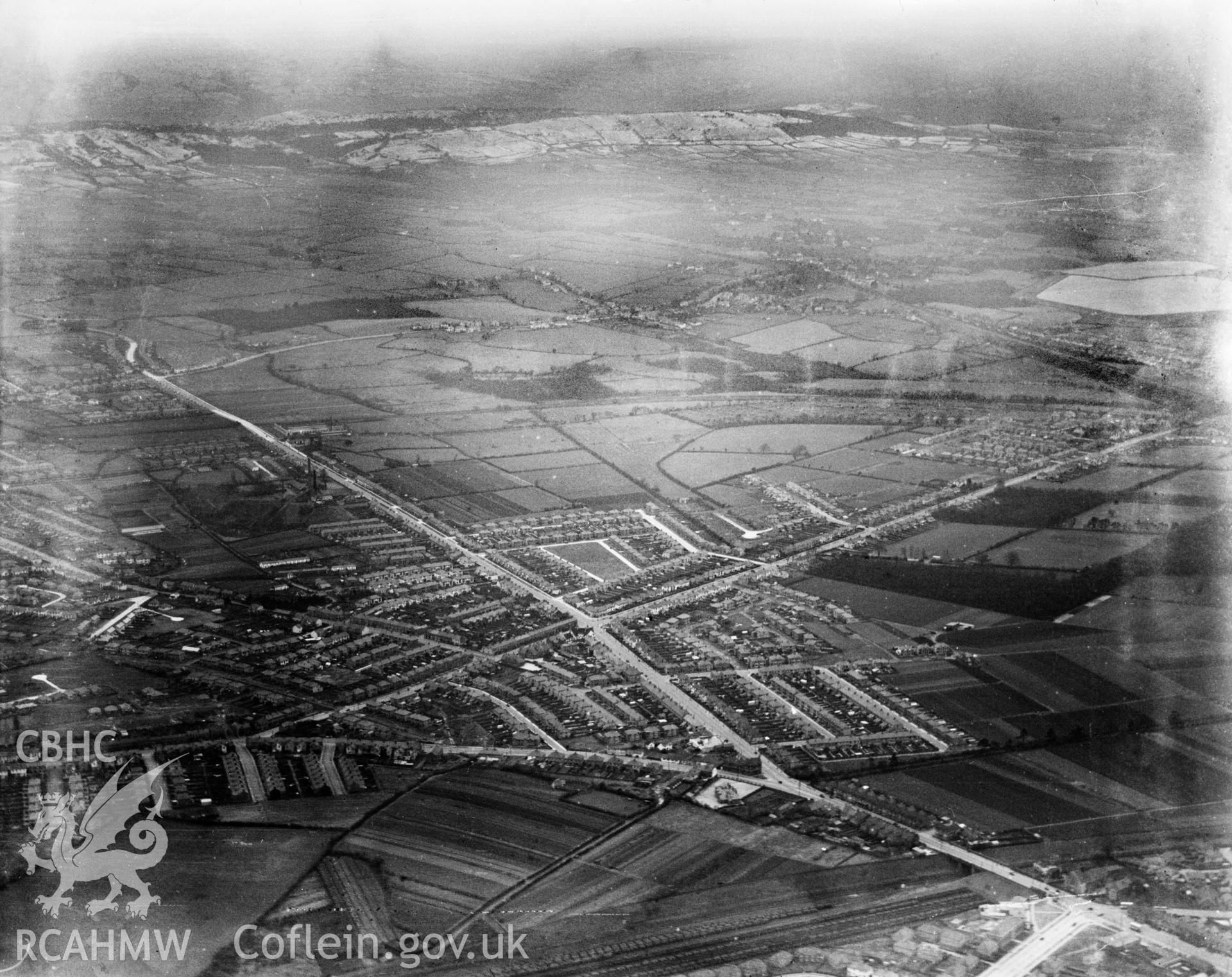 Distant view of new housing at Llanishen near Cardiff, oblique aerial view. 5?x4? black and white glass plate negative.