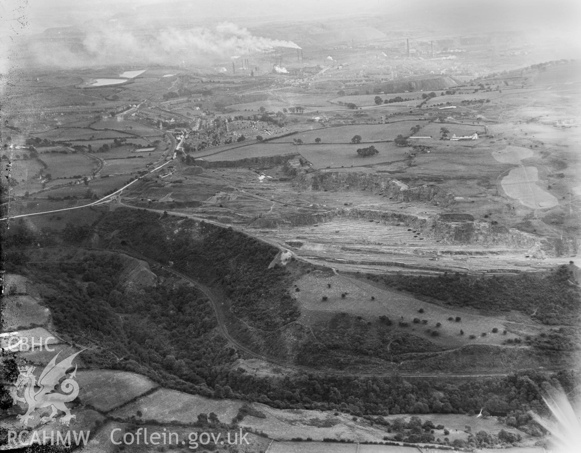 View of Distant view of Guest, Keen  & Nettlefold, Dowlais Works Merthyr Tydfil, oblique aerial view. 5?x4? black and white glass plate negative.
