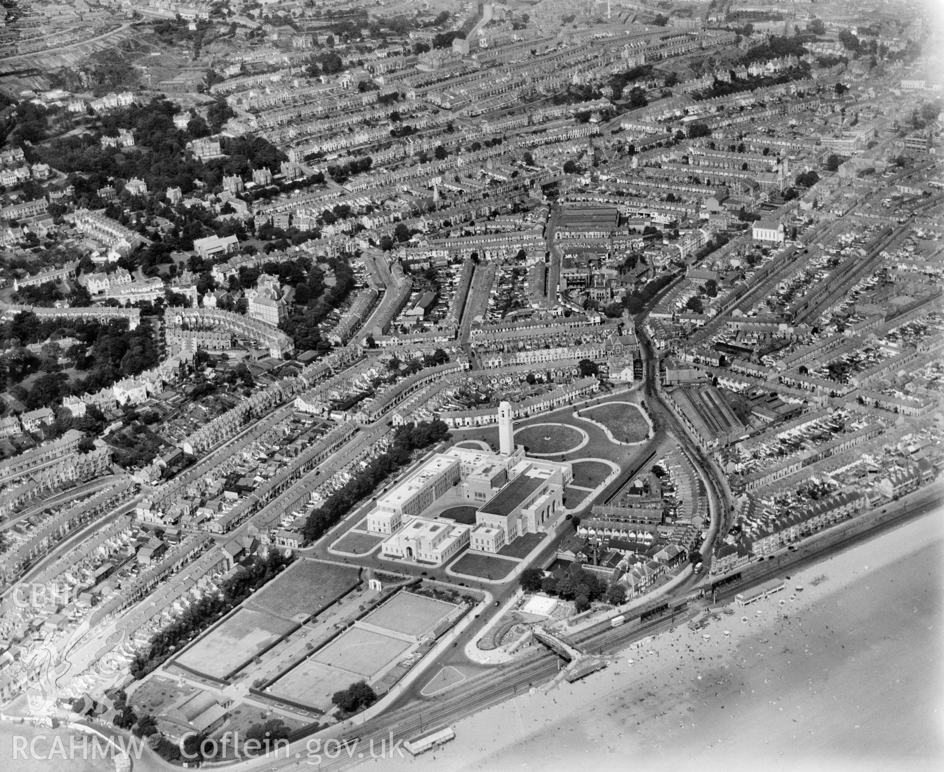 View of central Swansea showing Civic Centre and Victoria Park, oblique aerial view. 5?x4? black and white glass plate negative.