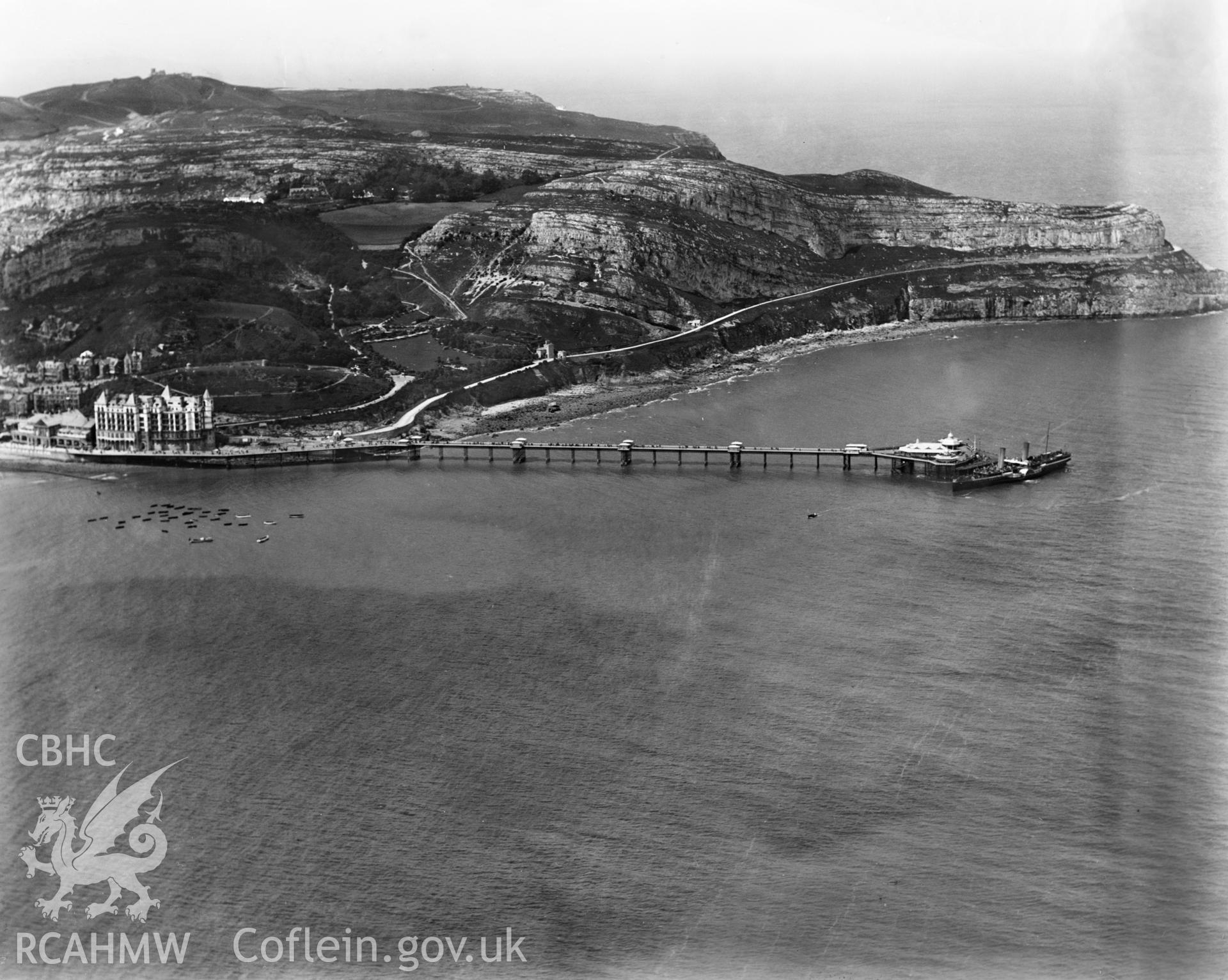 View of Llandudno showing pier, oblique aerial view. 5?x4? black and white glass plate negative.