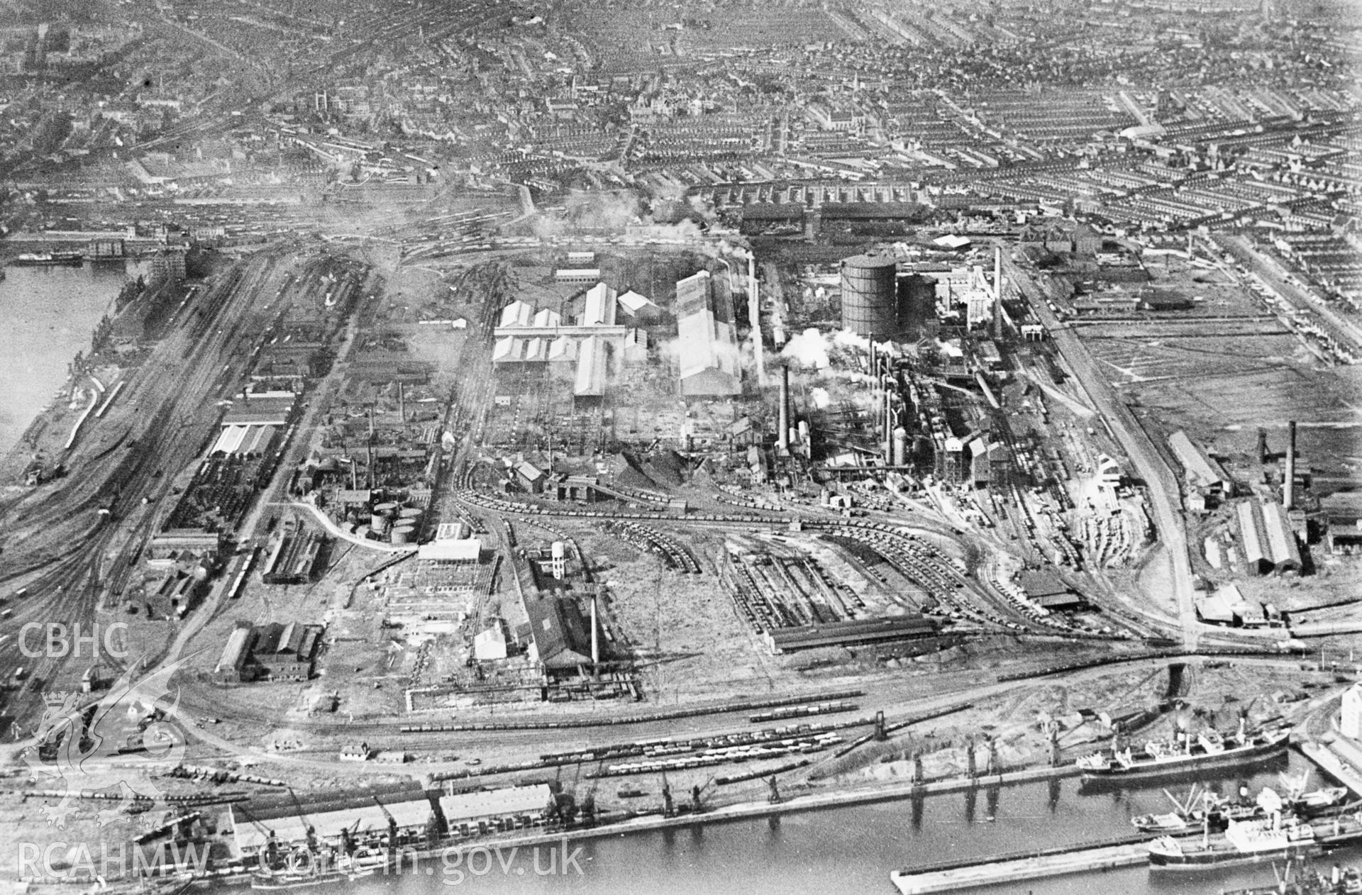 View of East Moors Ironworks, Cardiff. Oblique aerial photograph, 5?x4? BW glass plate.