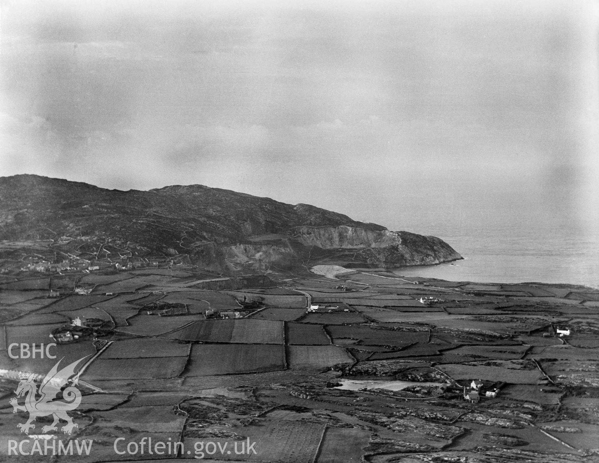 View of Holyhead Island showing Holyhead Mountain, oblique aerial view. 5?x4? black and white glass plate negative.