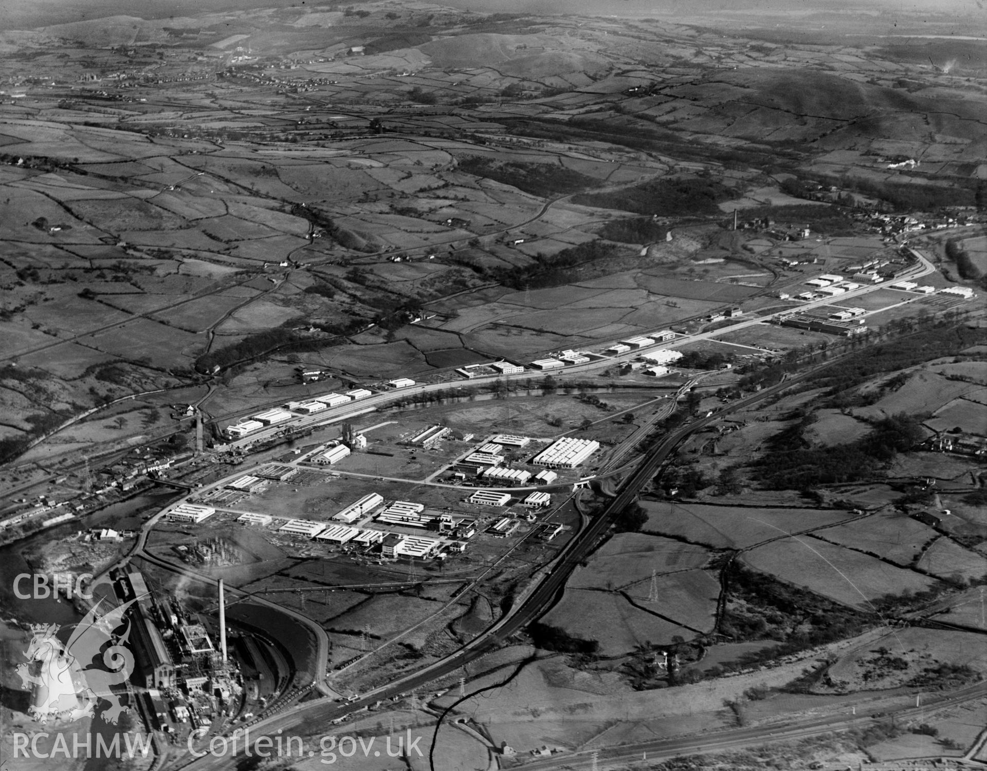 View of Pritchard, Wood & Partners, Treforest Trading Estate, oblique aerial view. 5?x4? black and white glass plate negative.