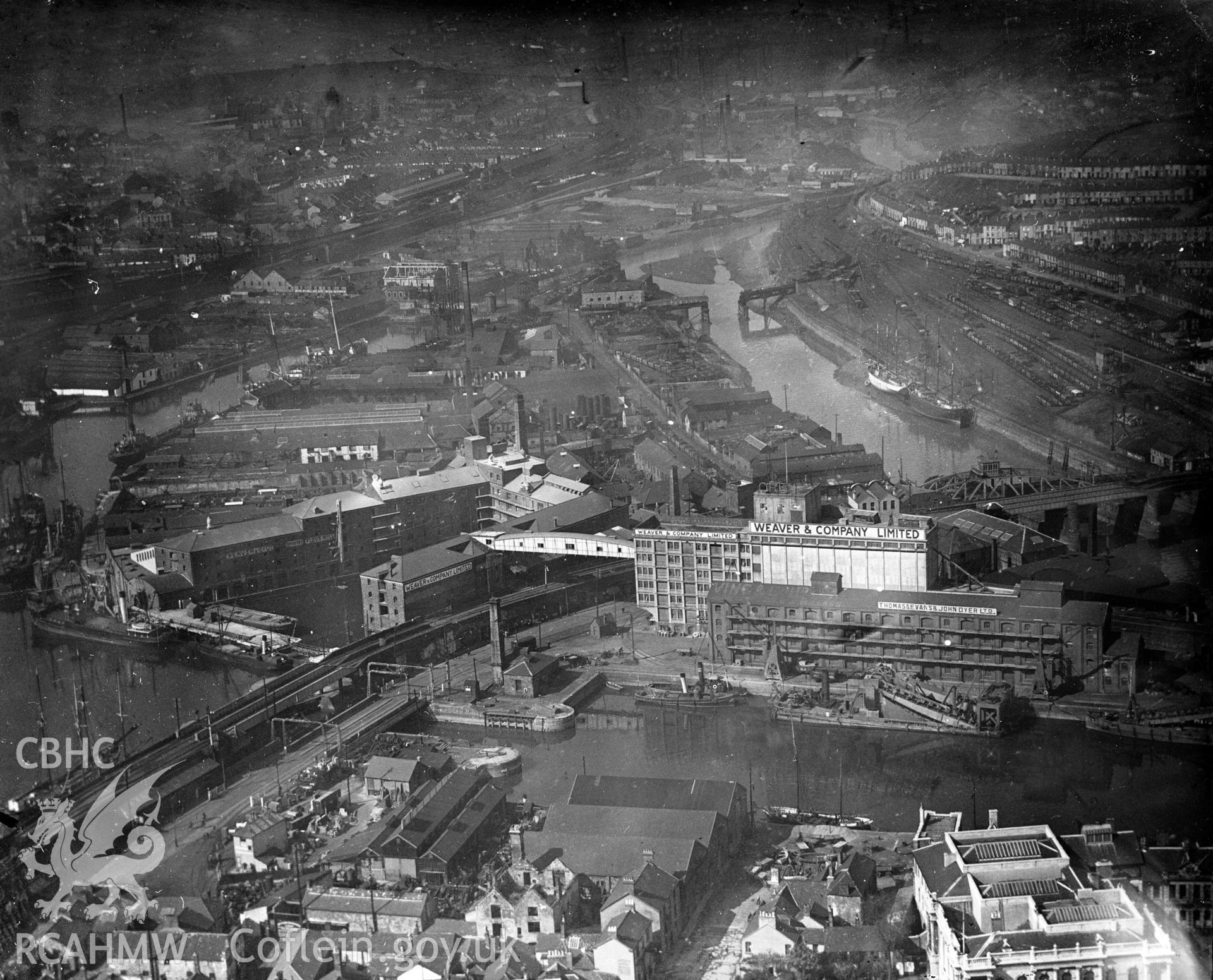 View of Weaver's Flour Mill, Swansea, oblique aerial view. 5?x4? black and white glass plate negative.