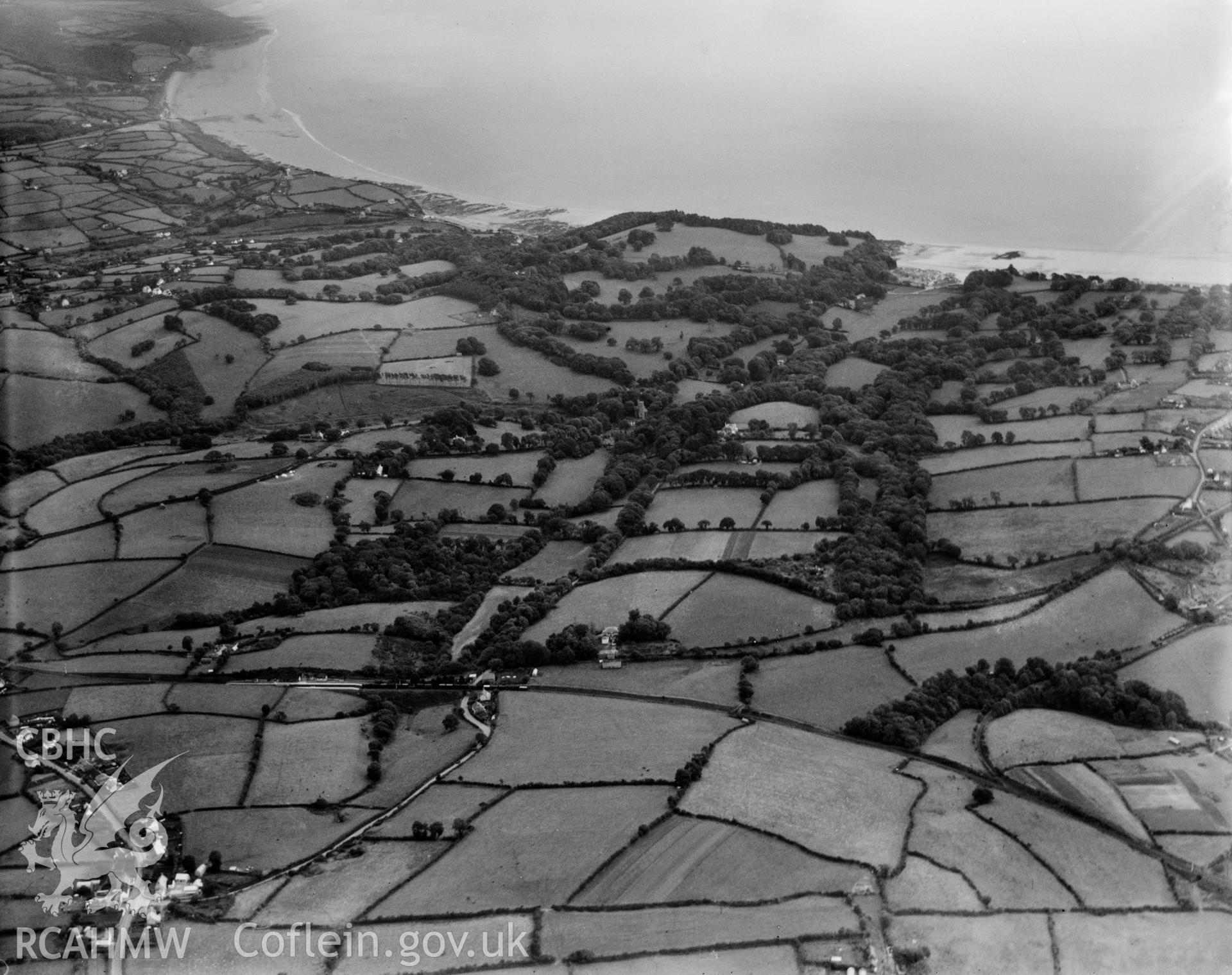 View of landscape near Hean Castle, Saundersfoot, oblique aerial view. 5?x4? black and white glass plate negative.