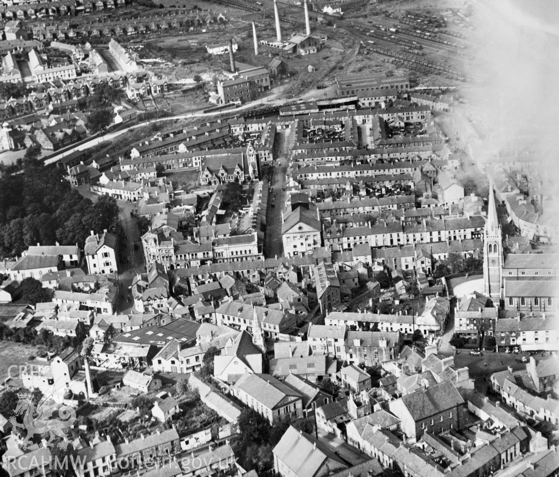 View of Aberdare showing theatre. Oblique aerial photograph, 5?x4? BW glass plate.