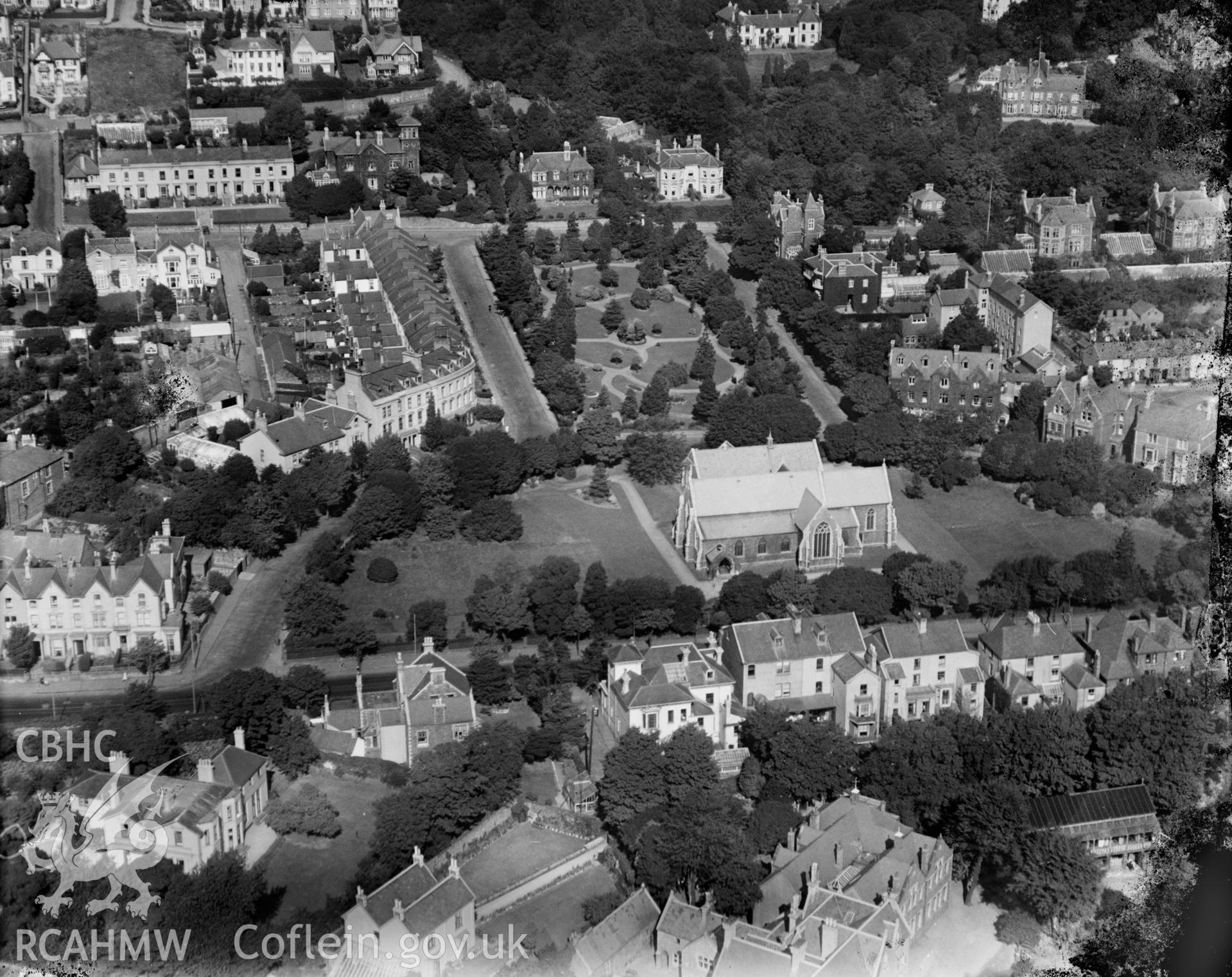 View of St James Church, gardens and crescent, Swansea, oblique aerial view. 5?x4? black and white glass plate negative.
