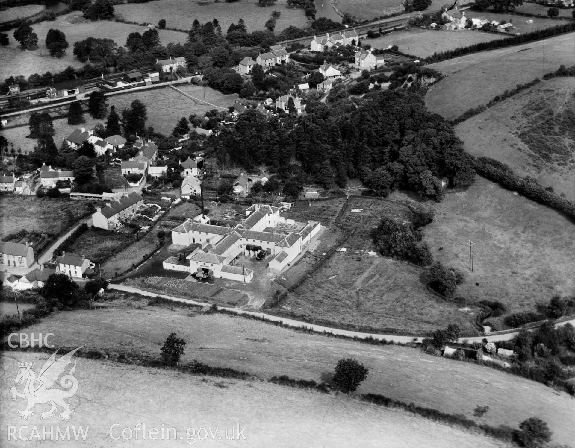 View of Garstand Creameries, Newcastle Emlyn, oblique aerial view. 5?x4? black and white glass plate negative.