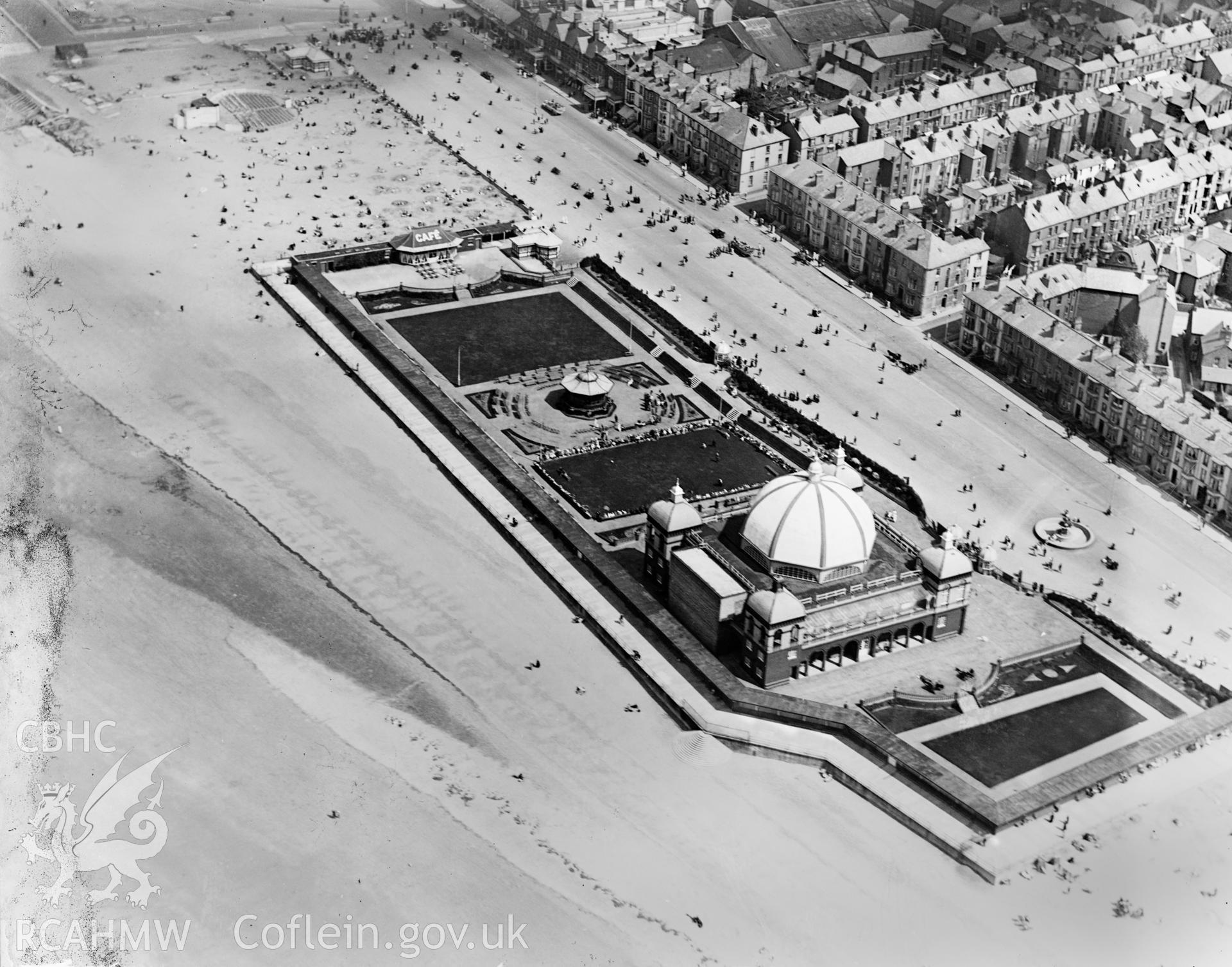 View of Rhyl showing the new pavillion and bandstand, oblique aerial view. 5?x4? black and white glass plate negative.