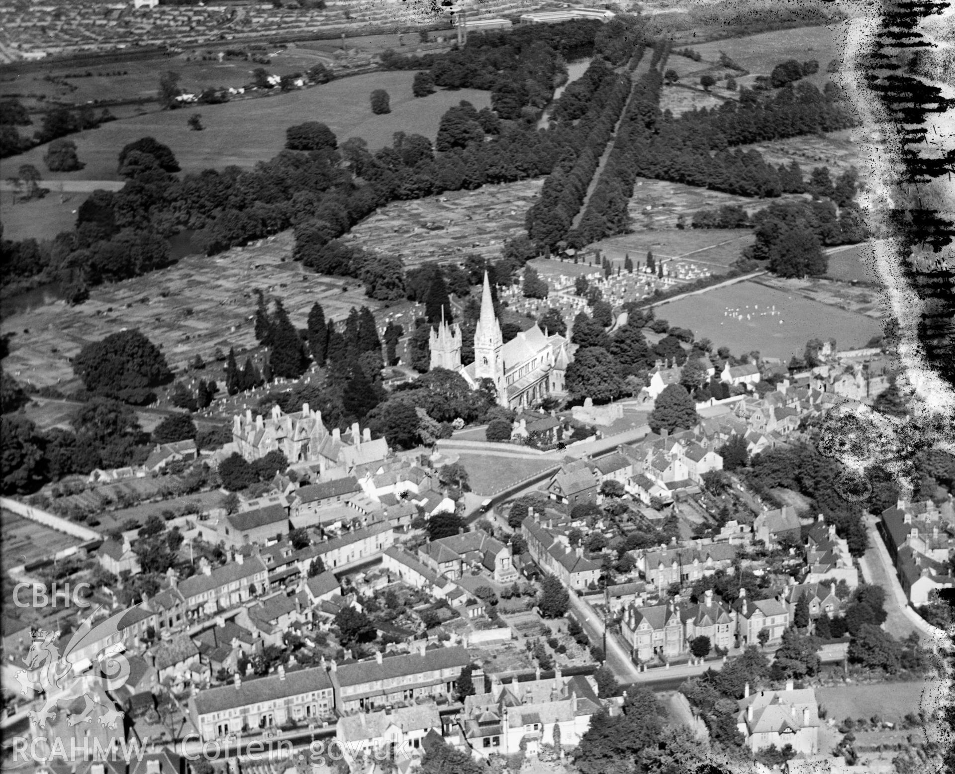 General view of Llandaff North, showing cathedral, oblique aerial view. 5?x4? black and white glass plate negative.