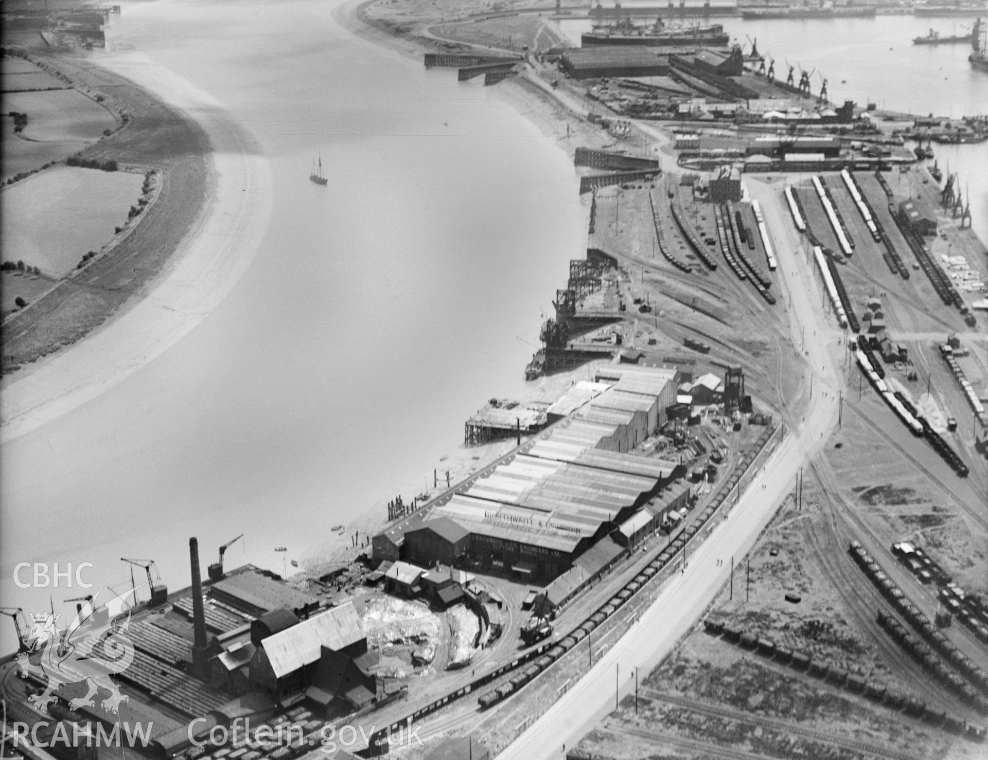 Braithwaite & Co., and view of transporter bridge, Newport, oblique aerial view. 5?x4? black and white glass plate negative.