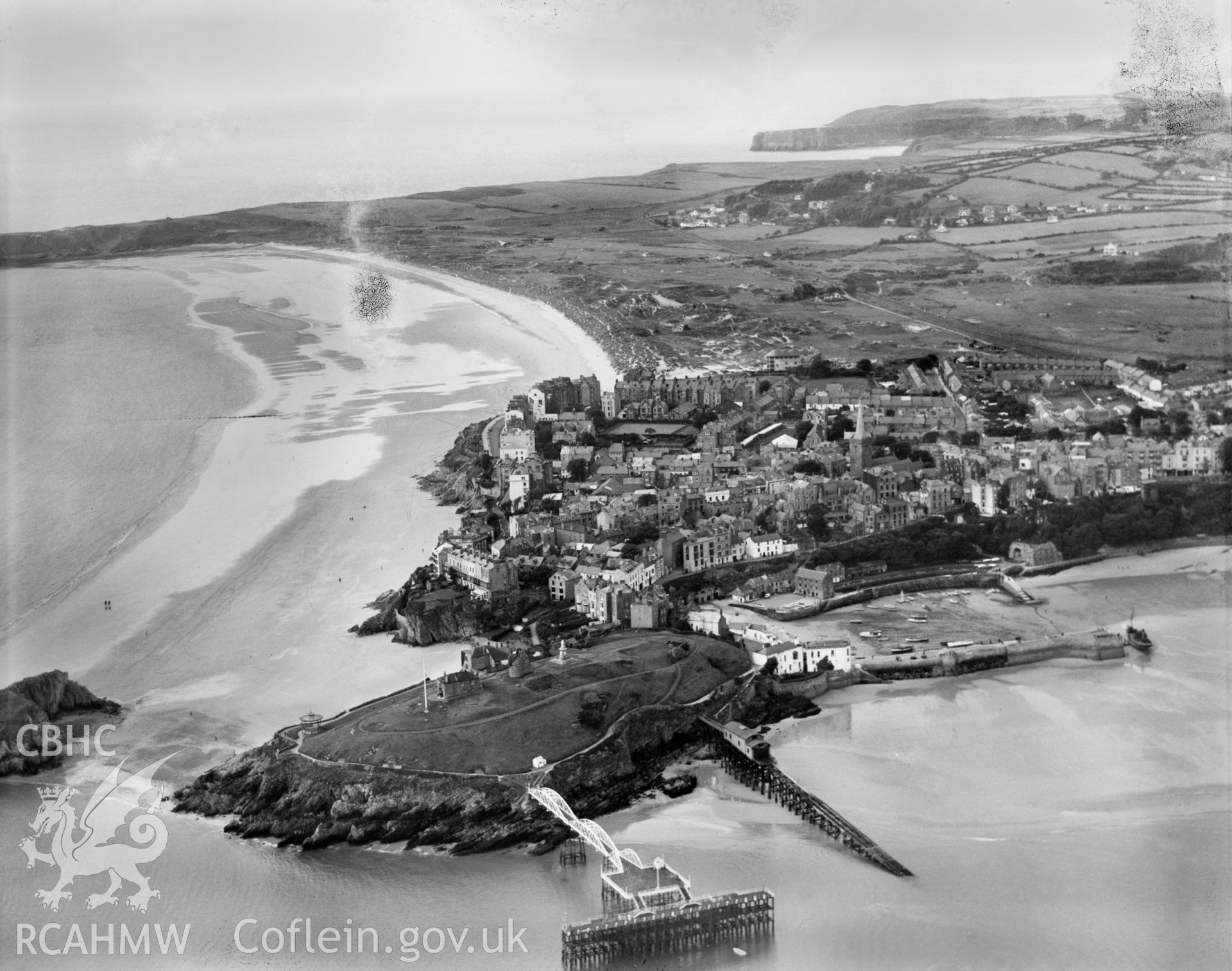 General view of Tenby, oblique aerial view. 5?x4? black and white glass plate negative.