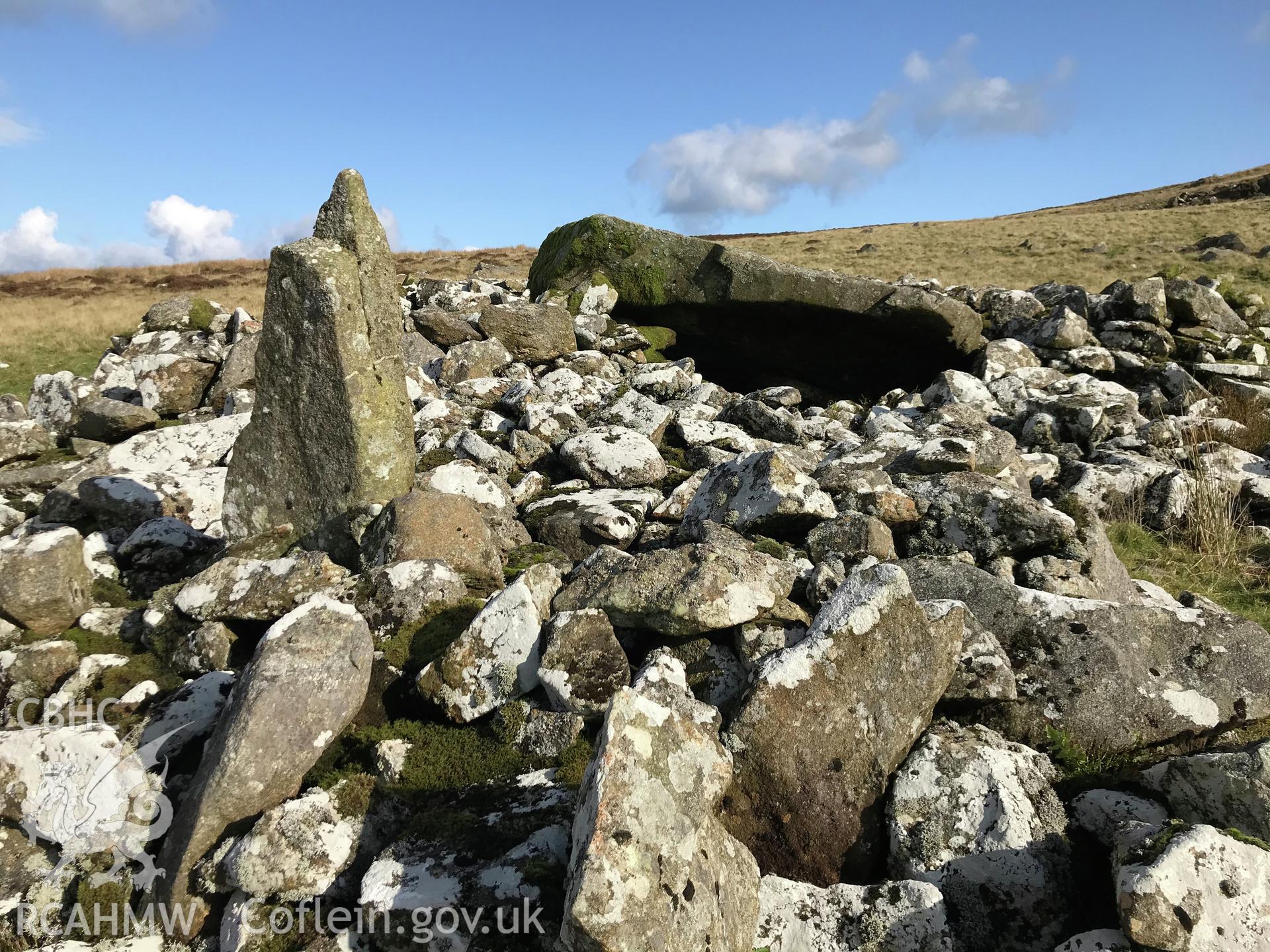 Digital colour photograph showing Carn Menyn Cairn or chambered tomb, Mynachlog Ddu, taken by Paul Davis on 22nd October 2019.