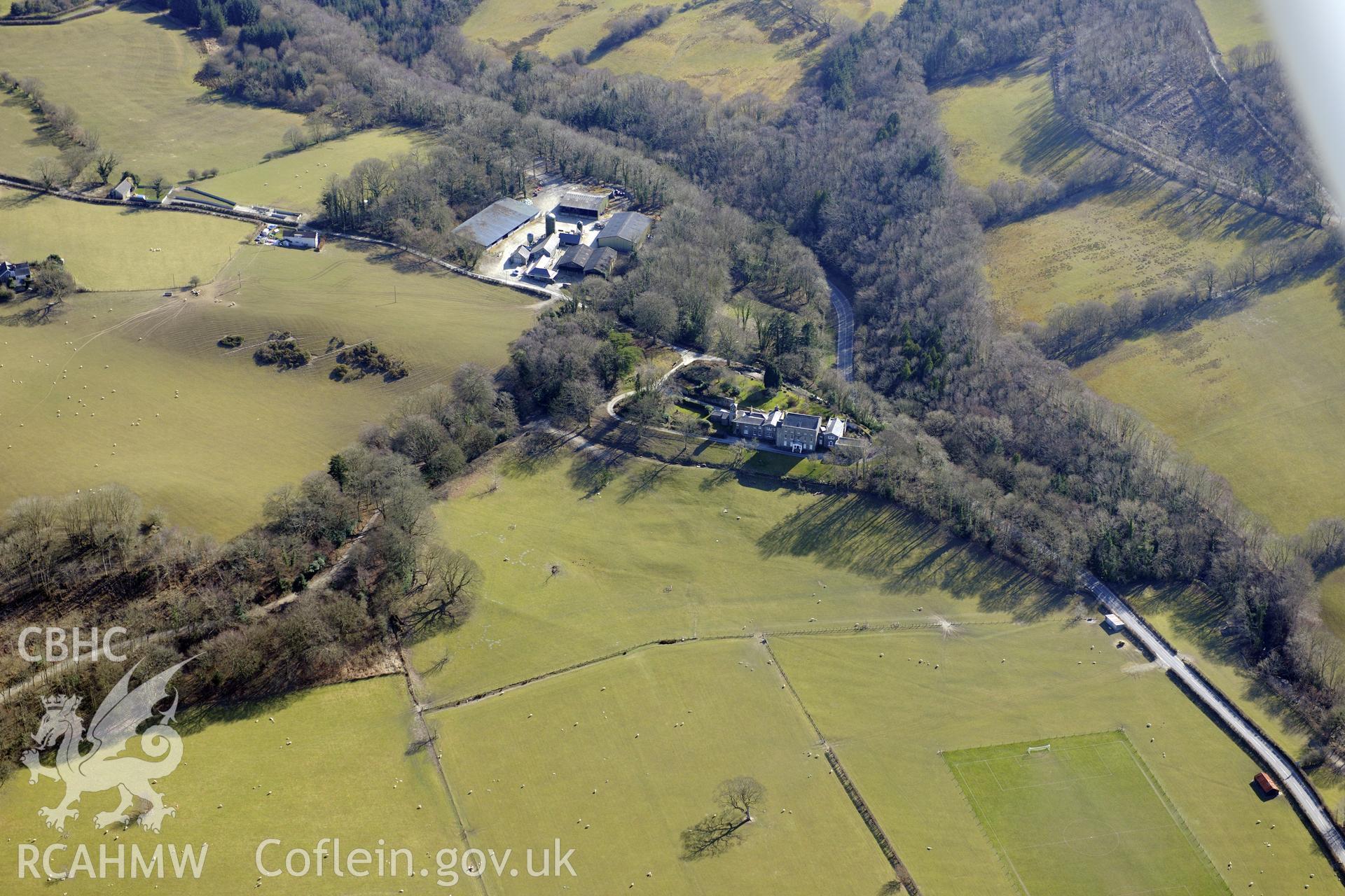Earthworks of terracing in field below Castle Hill country house and garden, Llanilar. Oblique aerial photograph taken during the Royal Commission?s programme of archaeological aerial reconnaissance by Toby Driver on 2nd April 2015.