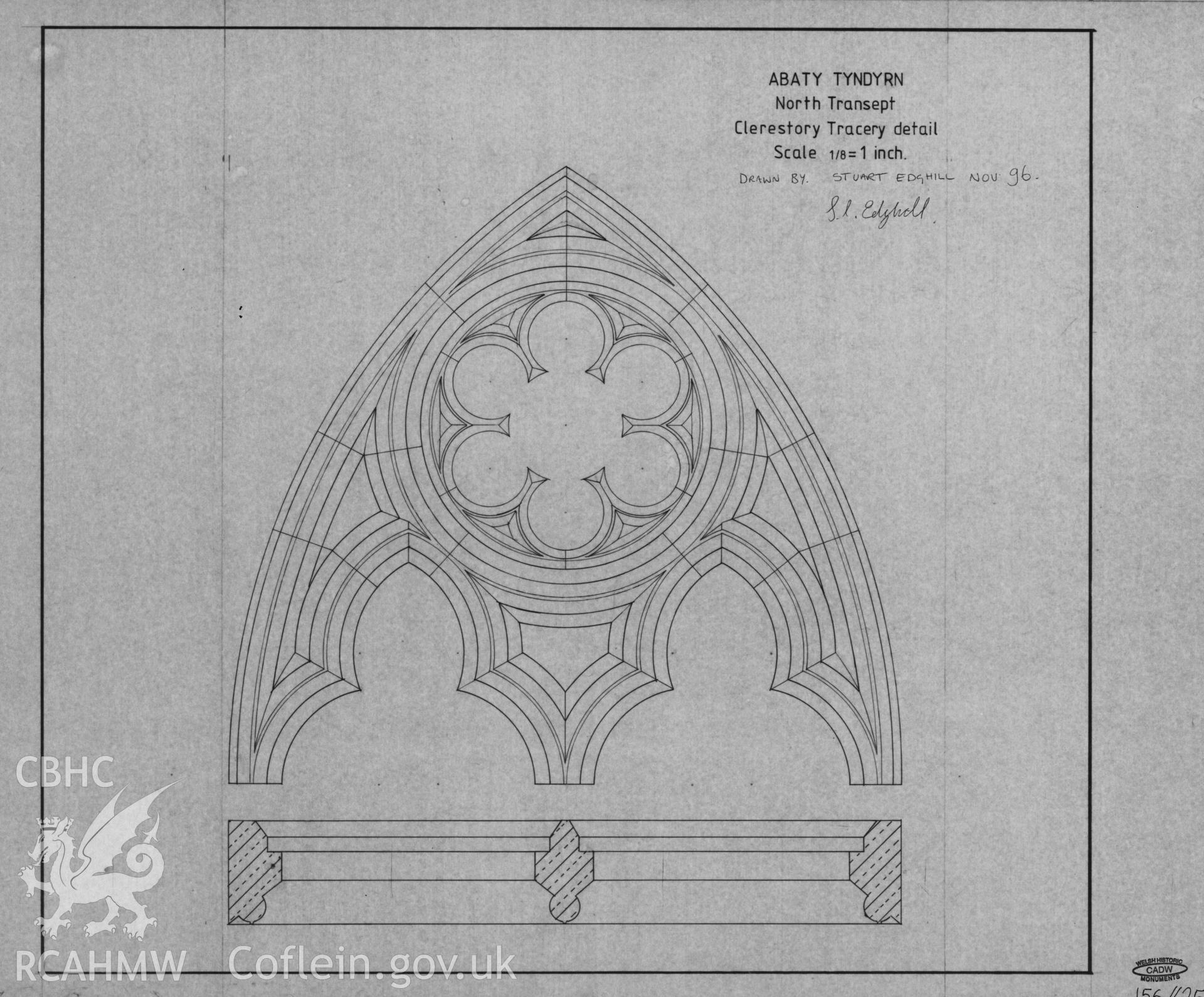 Digital copy of a Cadw guardianship monument drawing of Tintern Abbey, north transept, clerestory tracery detail, dated November 1996.