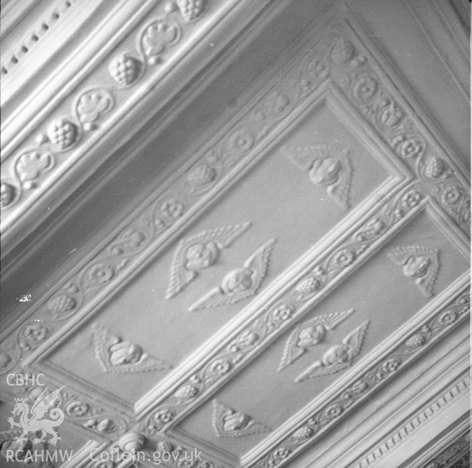 Digital copy of an undated nitrate negative showing ceiling detail at 40 Cross Street, Abergavenny.