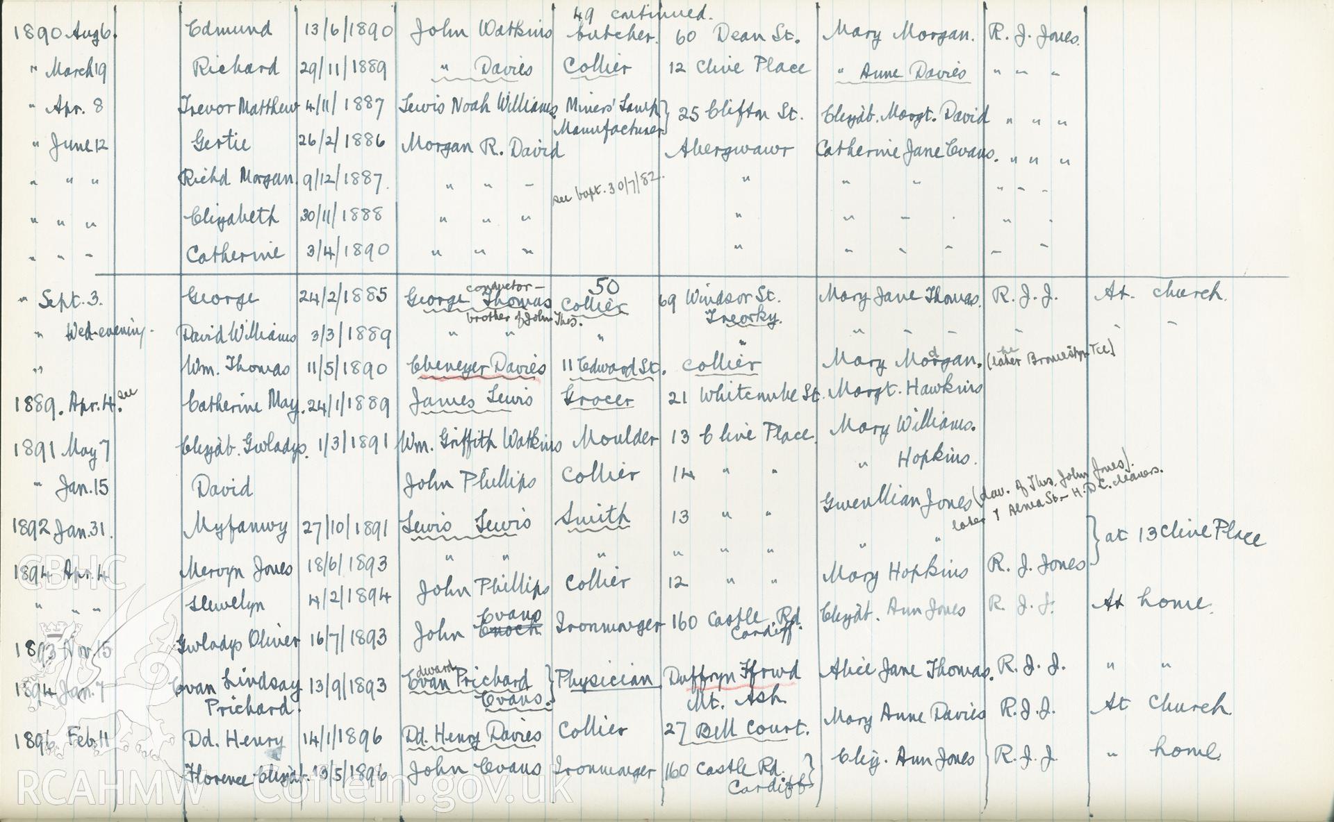 "Baptism Registered" book for Hen Dy Cwrdd, made between April 19th and 28th, 1941, by W. W. Price. Page listing baptisms from 6th August 1890 to 11th February 1896. Donated to the RCAHMW as part of the Digital Dissent Project.