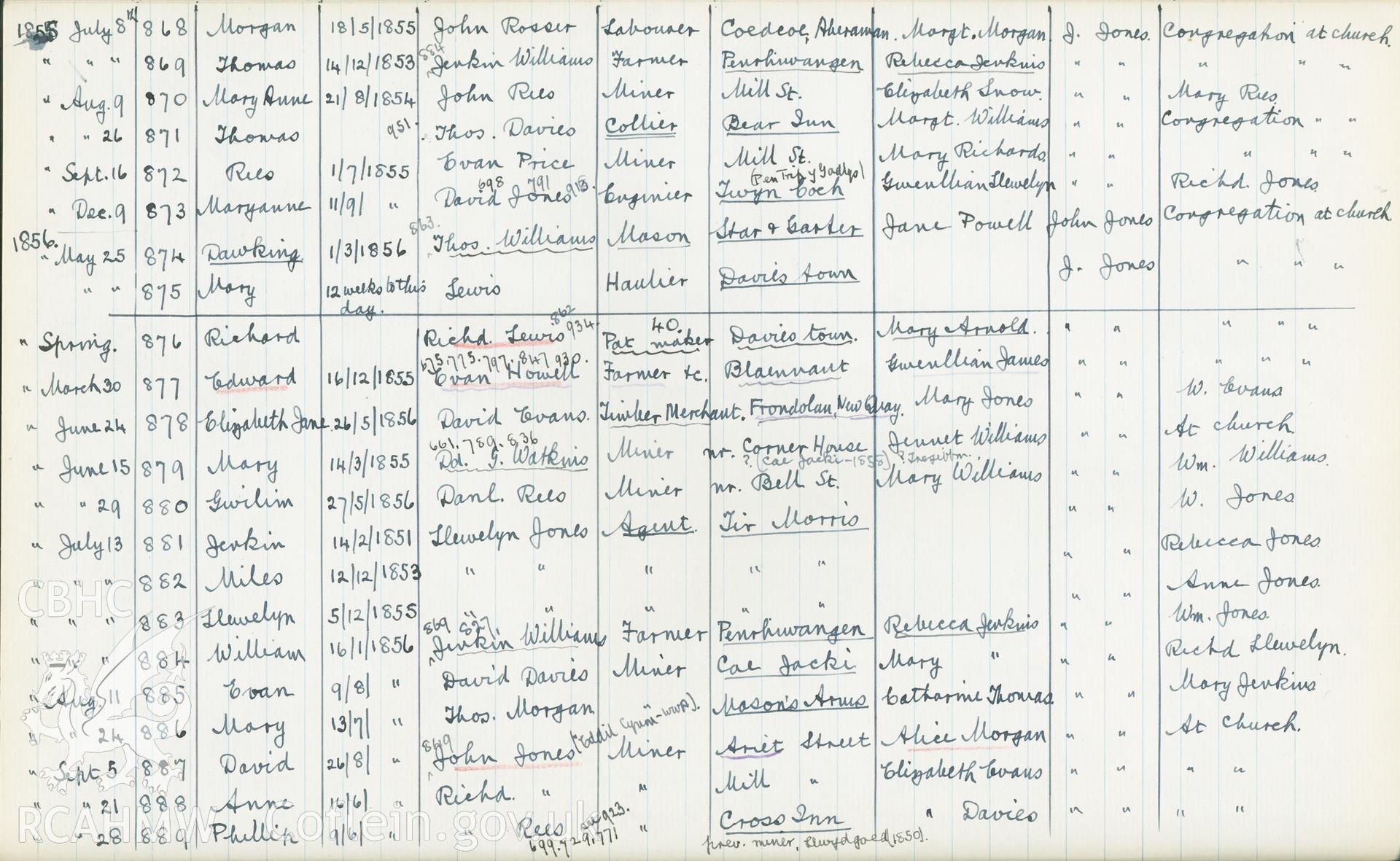 "Baptism Registered" book for Hen Dy Cwrdd, made between April 19th and 28th, 1941, by W. W. Price. Page listing baptisms from 8th July 1855 to 28th September 1856. Donated to the RCAHMW as part of the Digital Dissent Project.