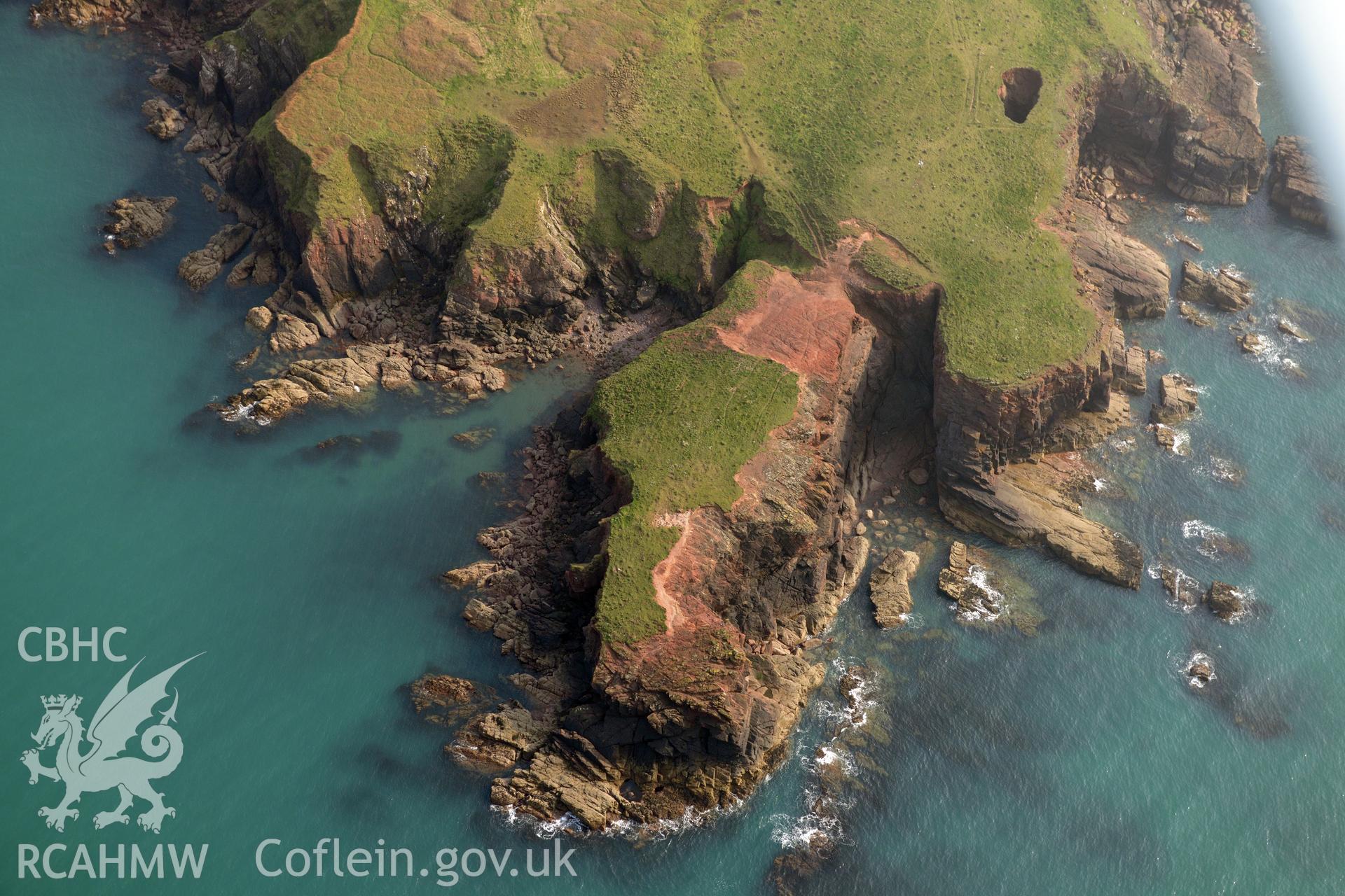 Aerial photography of The Nab Head taken on 27th March 2017. Baseline aerial reconnaissance survey for the CHERISH Project. ? Crown: CHERISH PROJECT 2017. Produced with EU funds through the Ireland Wales Co-operation Programme 2014-2020. All material made freely available through the Open Government Licence.