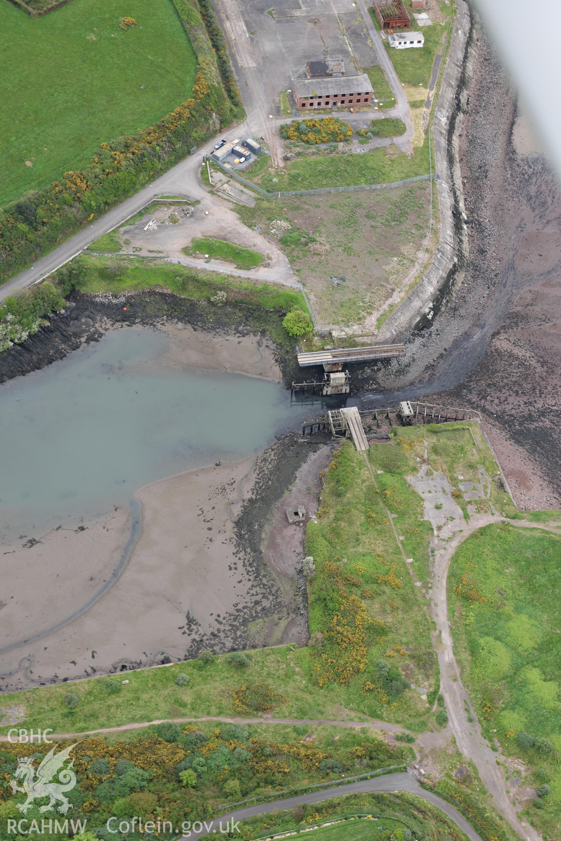 Castle Pill Railway Bridge at low tide. Baseline aerial reconnaissance survey for the CHERISH Project. ? Crown: CHERISH PROJECT 2017. Produced with EU funds through the Ireland Wales Co-operation Programme 2014-2020. All material made freely available through the Open Government Licence.