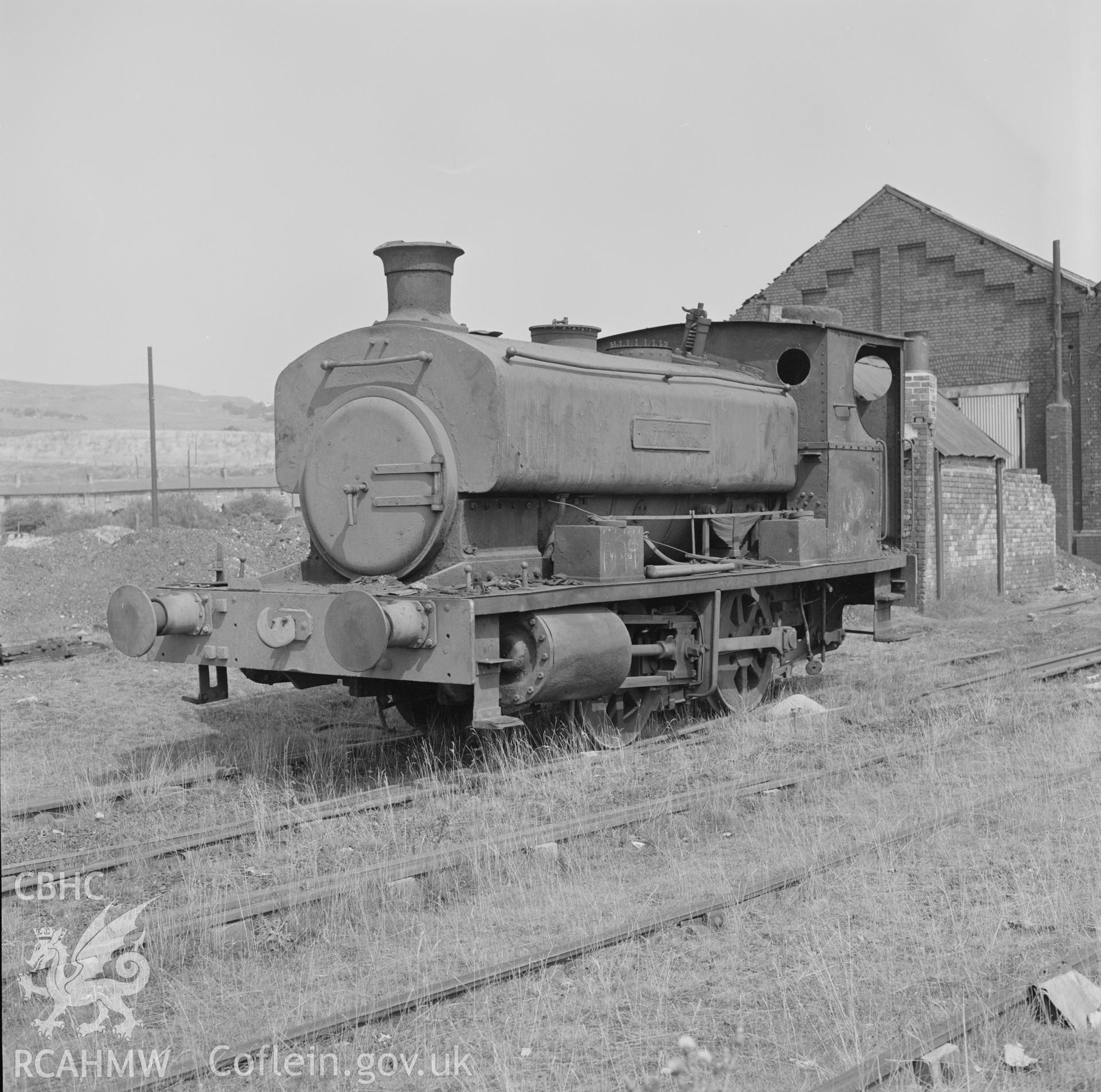 Digital copy of an acetate negative showing steam loco outside engine shed at Big Pit, from the John Cornwell Collection.