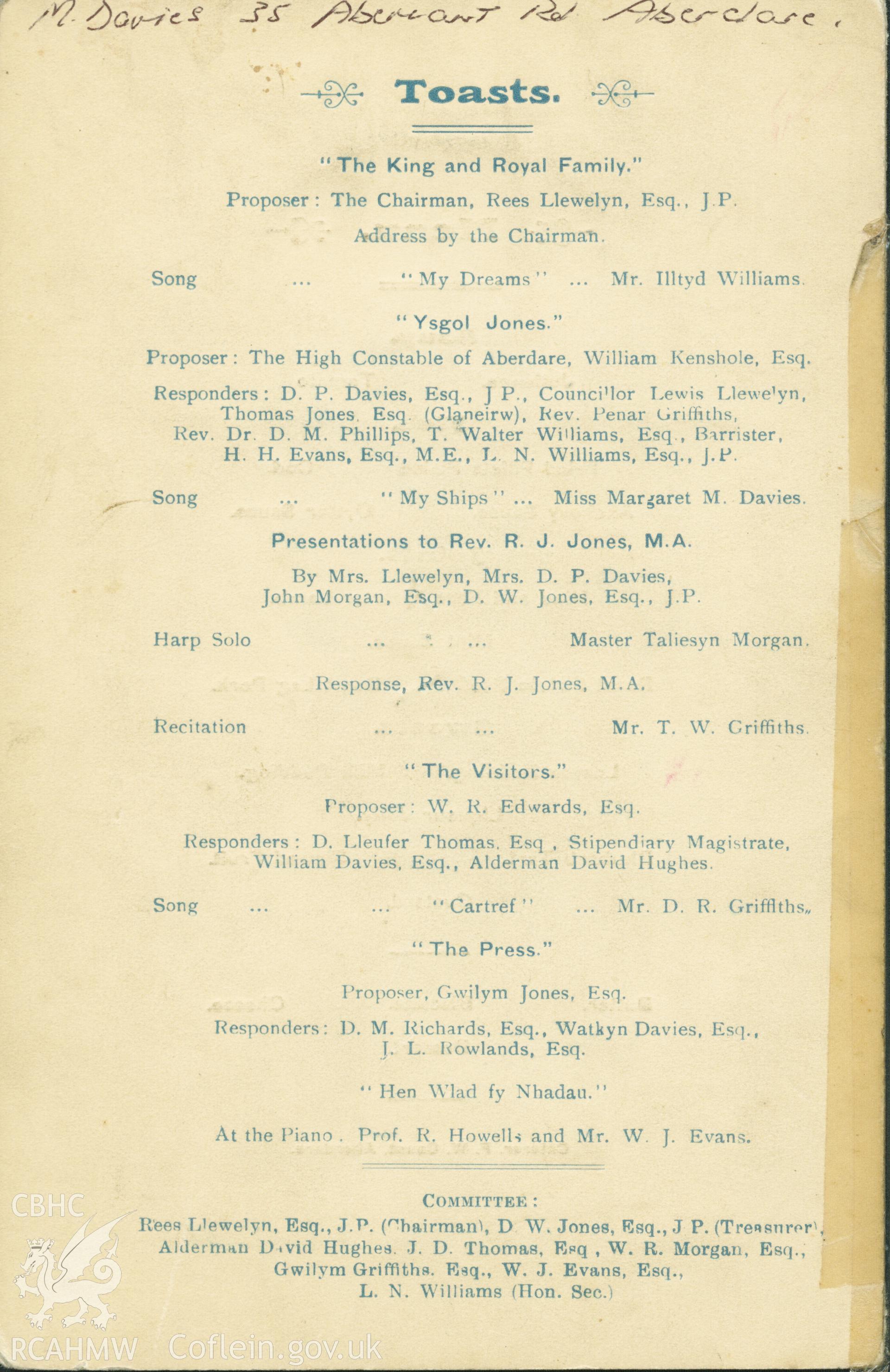 Copy of menu for the Ysgol Jones Re-Union Banquet & Presentation at Memorial Hall, Aberdare on Thursday 6th April 1911. Donated to the RCAHMW during the Digital Dissent Project.