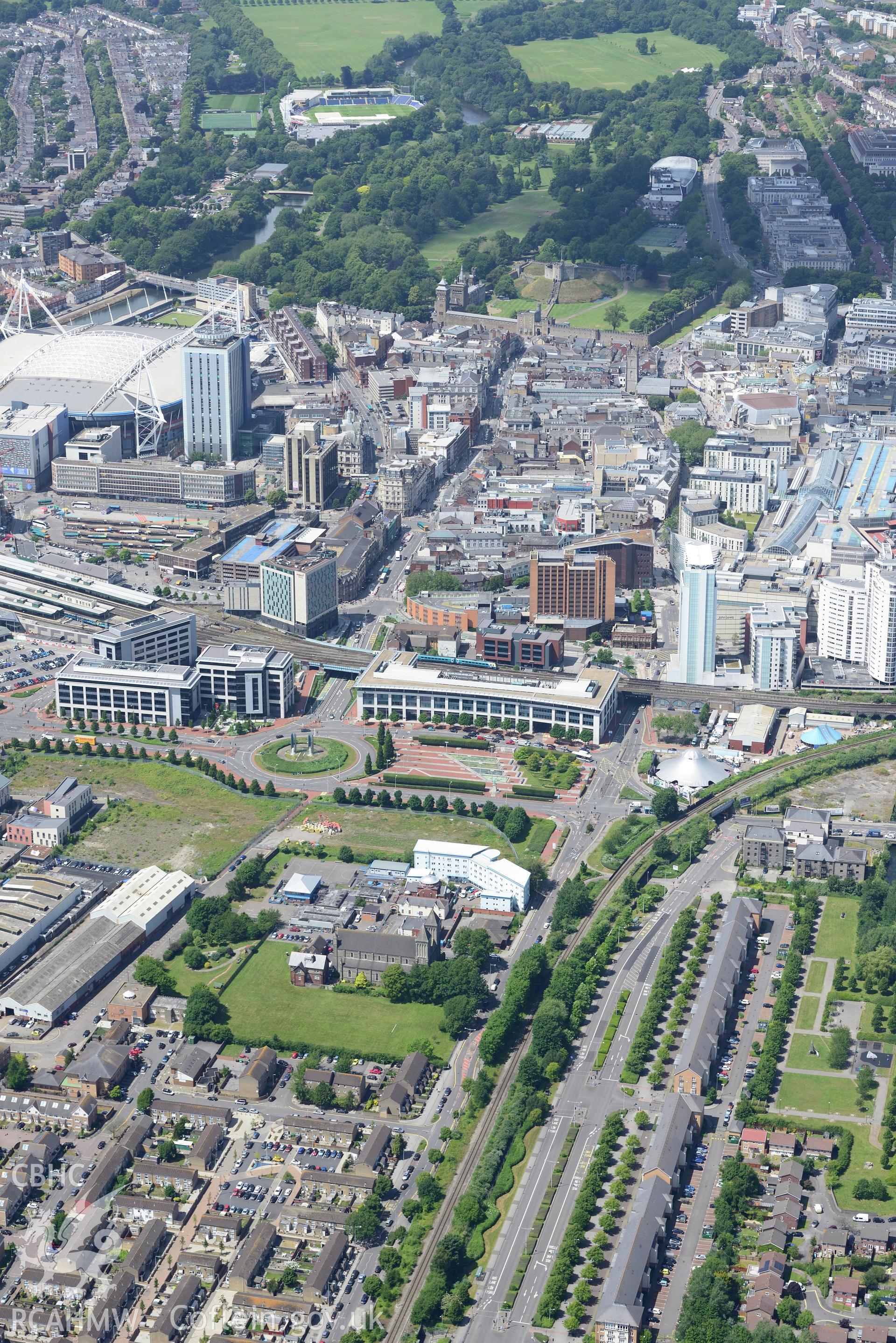 The Millennium Stadium, Cardiff. Oblique aerial photograph taken during the Royal Commission's programme of archaeological aerial reconnaissance by Toby Driver on 29th June 2015.