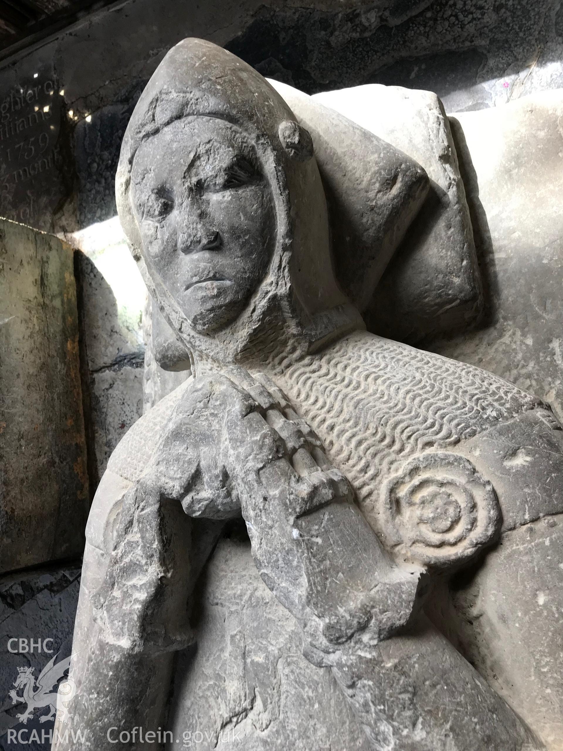 Colour photo showing detail of carved stone figure at St. Grwst's Church, Llanrwst, taken by Paul R. Davis, 23rd June 2018.