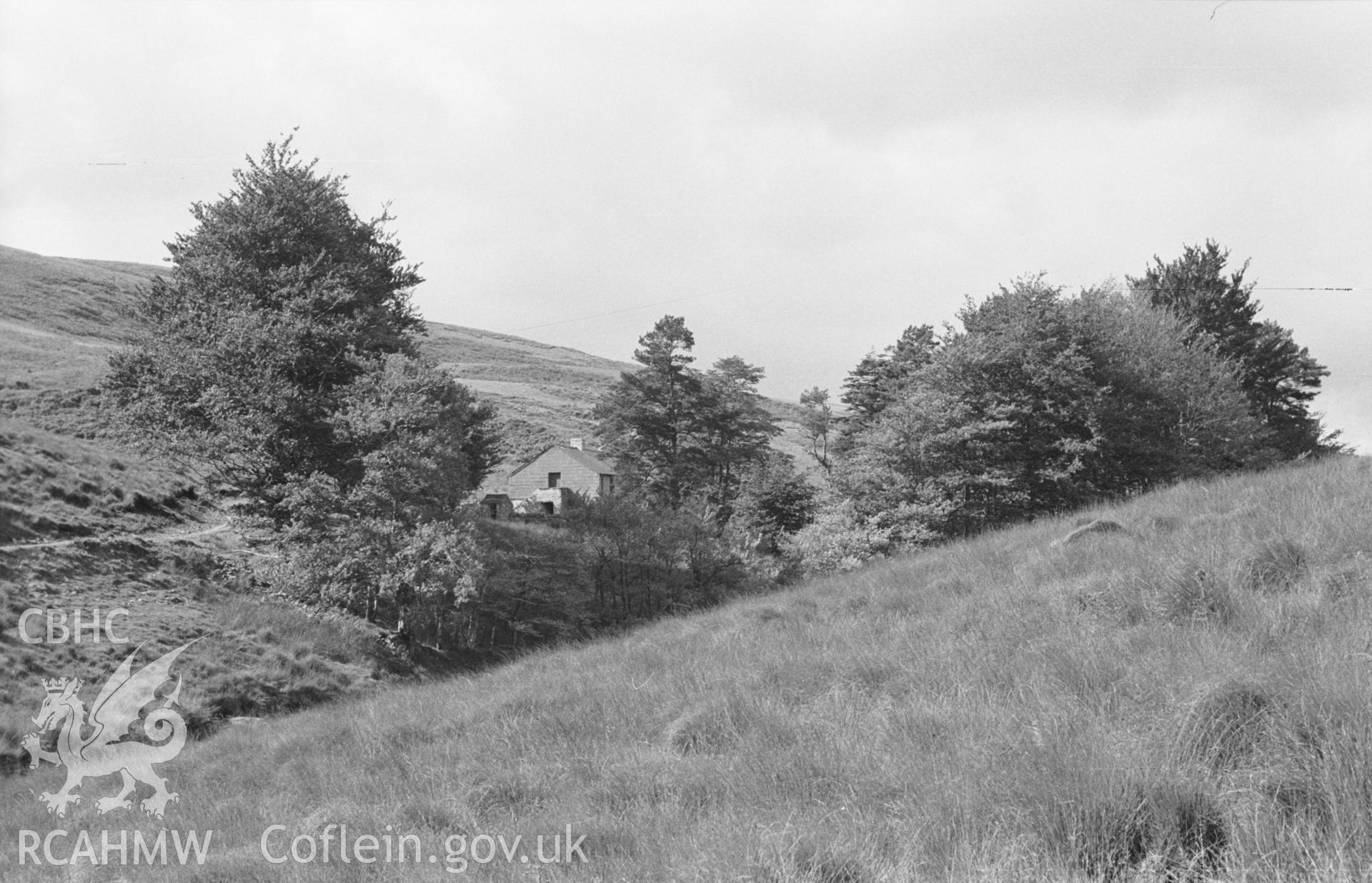 Digital copy of a black and white negative showing landscape near Capel Soar-y-Mynydd, Llanddewi Brefi. Photographed in September 1963 by Arthur O. Chater from Grid Reference SN 7857 5323, looking north west.
