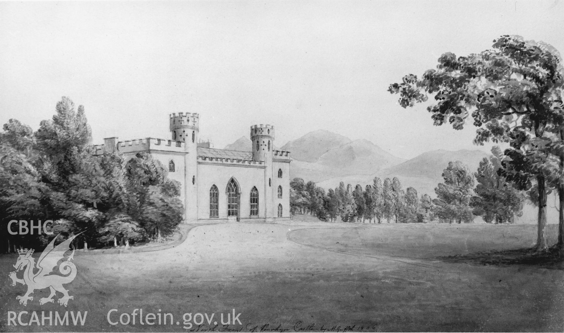 Digital copy of a pencil and watercolour view of the north front of Penrhyn Castle by M Griffiths 1806.