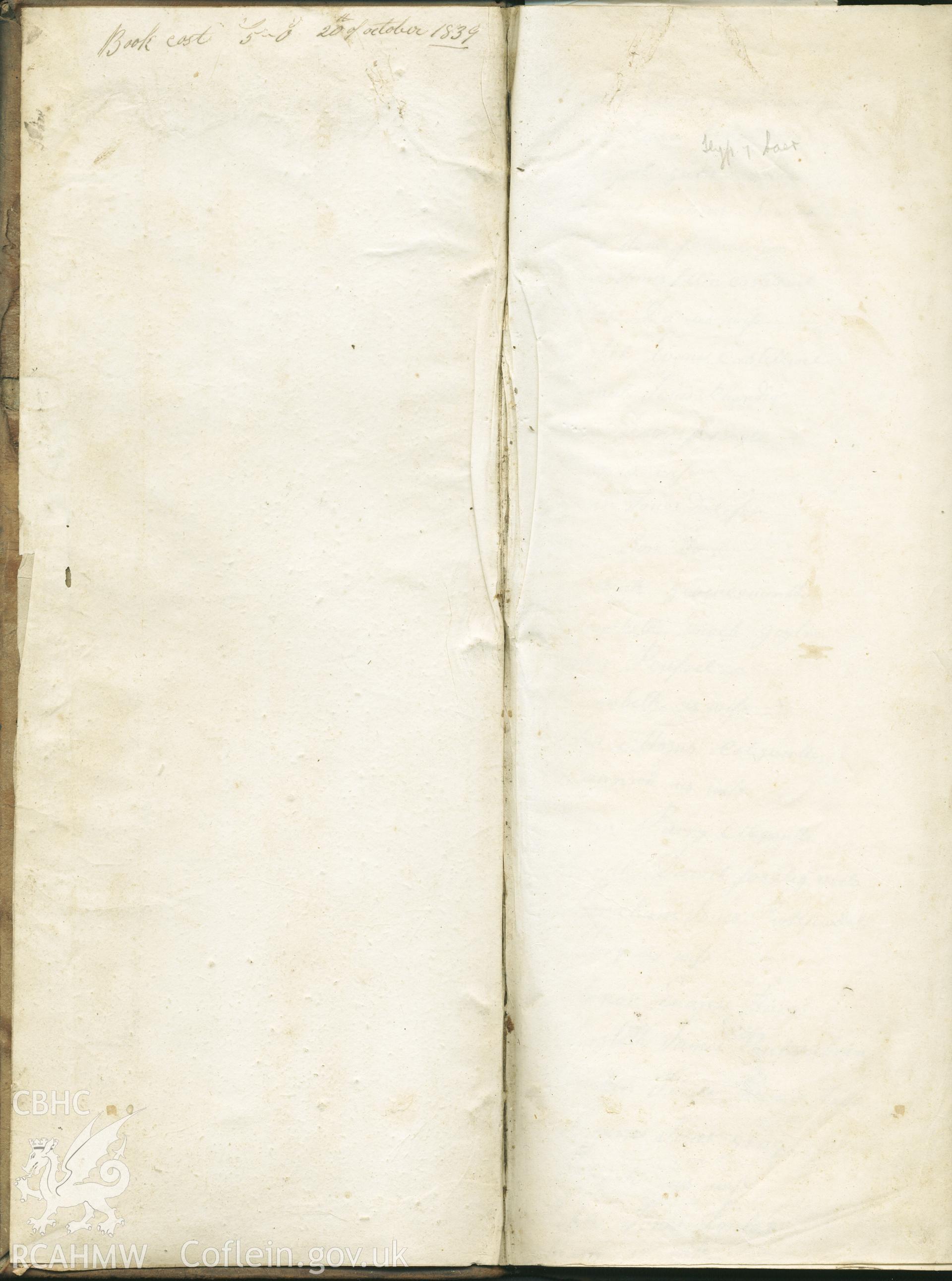 Page from handwritten Subscriber's book for yr Hen Gapel, Rhydowen. Transcript: 'Book cost 5-0 20th October 1839' and in pencil on opposite page 'Llyfr y Saer.' Donated to the RCAHMW as part of the Digital Dissent Project.