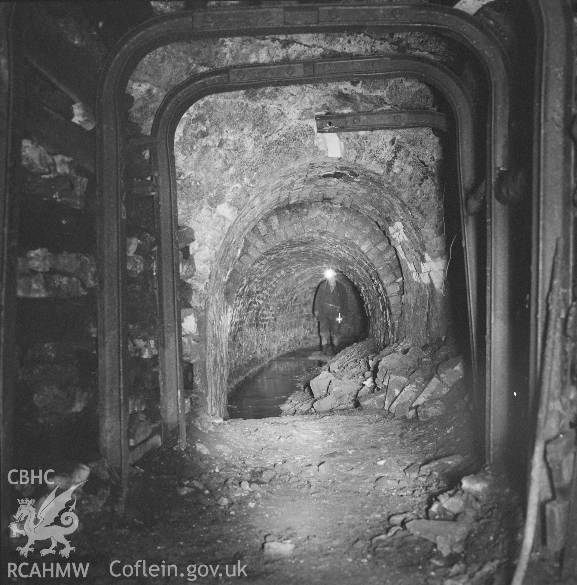 Digital copy of an acetate negative showing pit bottom of the forge pit, from Forge Level at Big Pit, from the John Cornwell Collection.