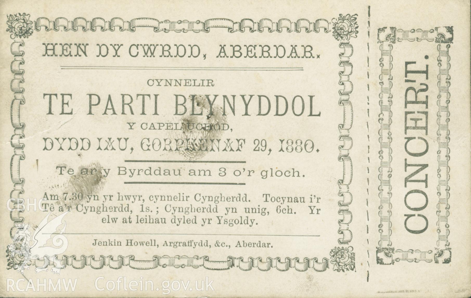 Ticket for the annual tea party and concert at Hen Dy Cwrdd on Thursday, July 29th, 1880. Donated by the Rev. Eric Jones to the RCAHMW as part of the Digital Dissent Project.