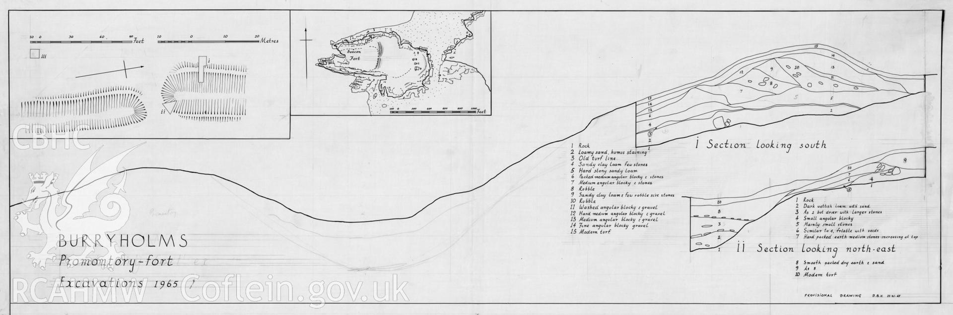 Digital copy of a measured section and plan of Burry Holms promontory fort and excavation in 1965.