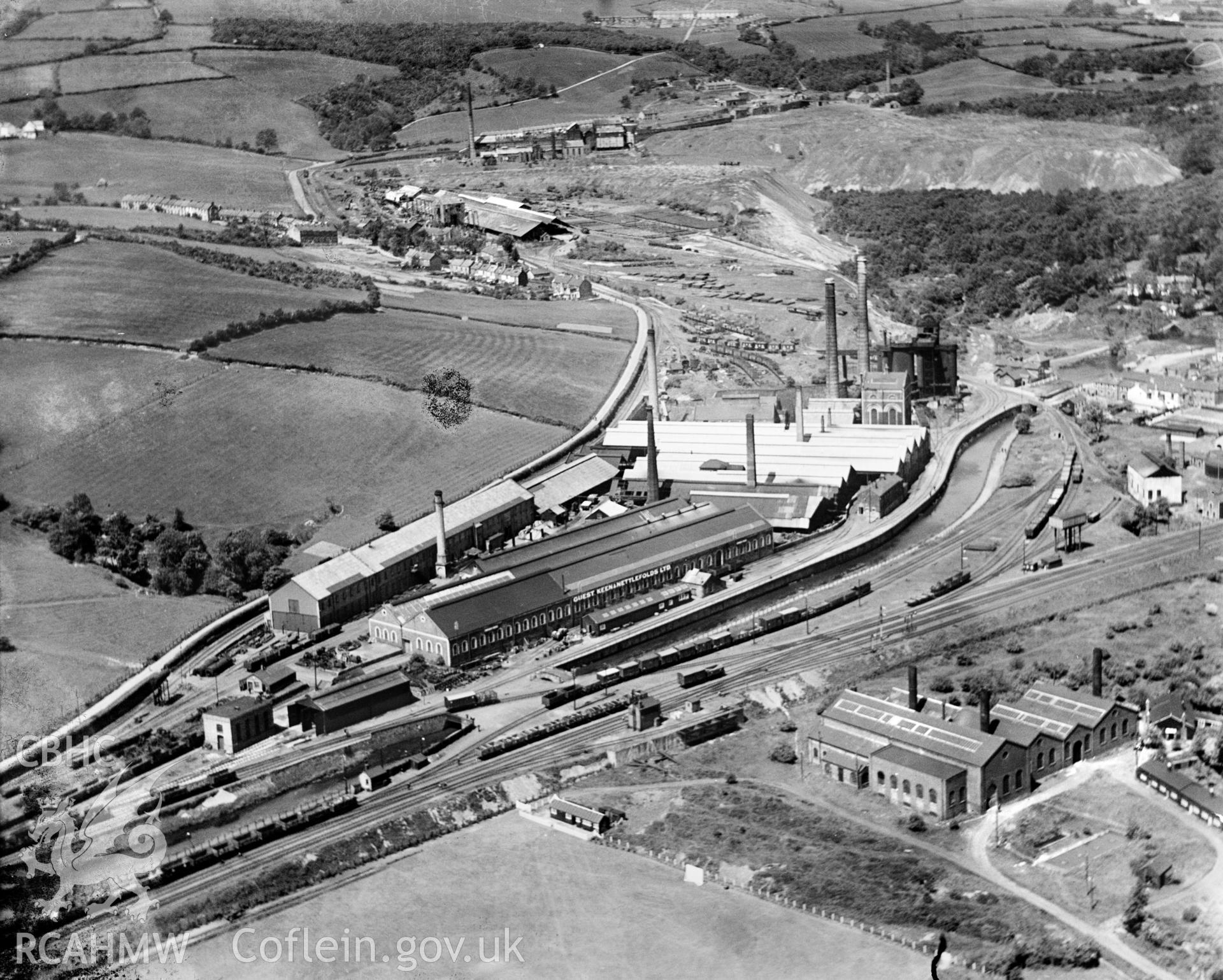 View of Guest Keen & Nettleford, Cwmbran Works, oblique aerial view. 5?x4? black and white glass plate negative.