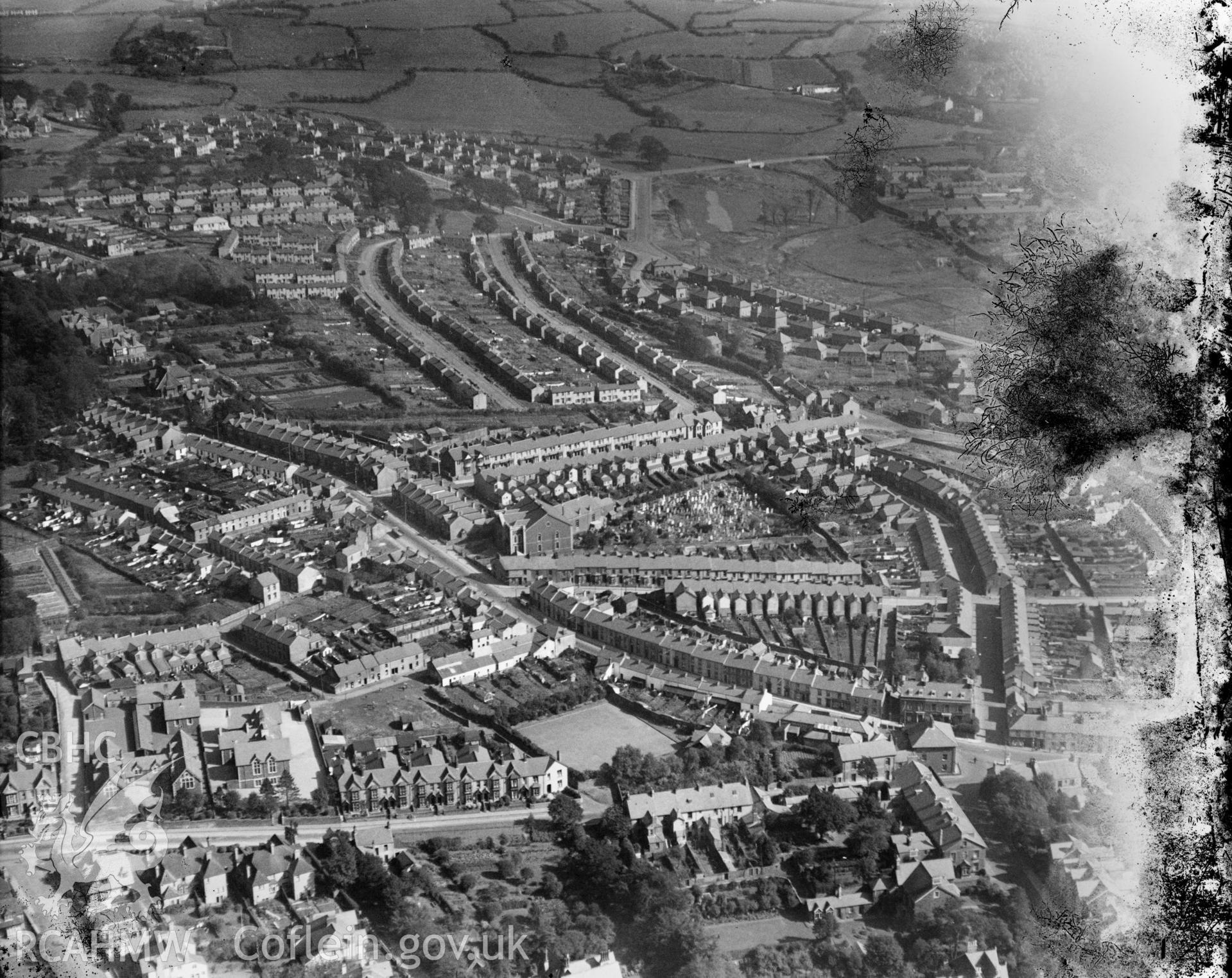 General view of Tyrfran area of Llanelli, oblique aerial view. 5?x4? black and white glass plate negative.