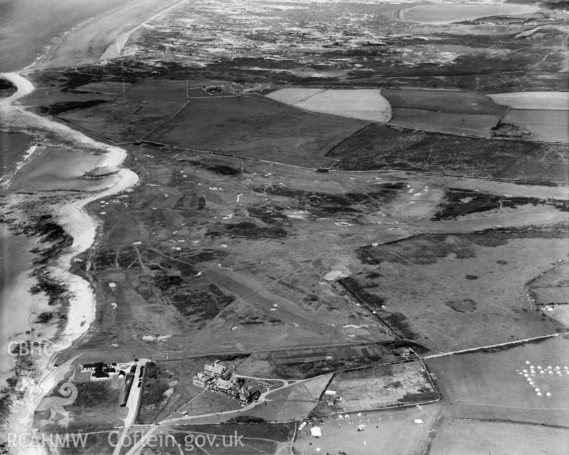 View of Royal Porthcawl golf couse and clubhouse, oblique aerial view. 5?x4? black and white glass plate negative.