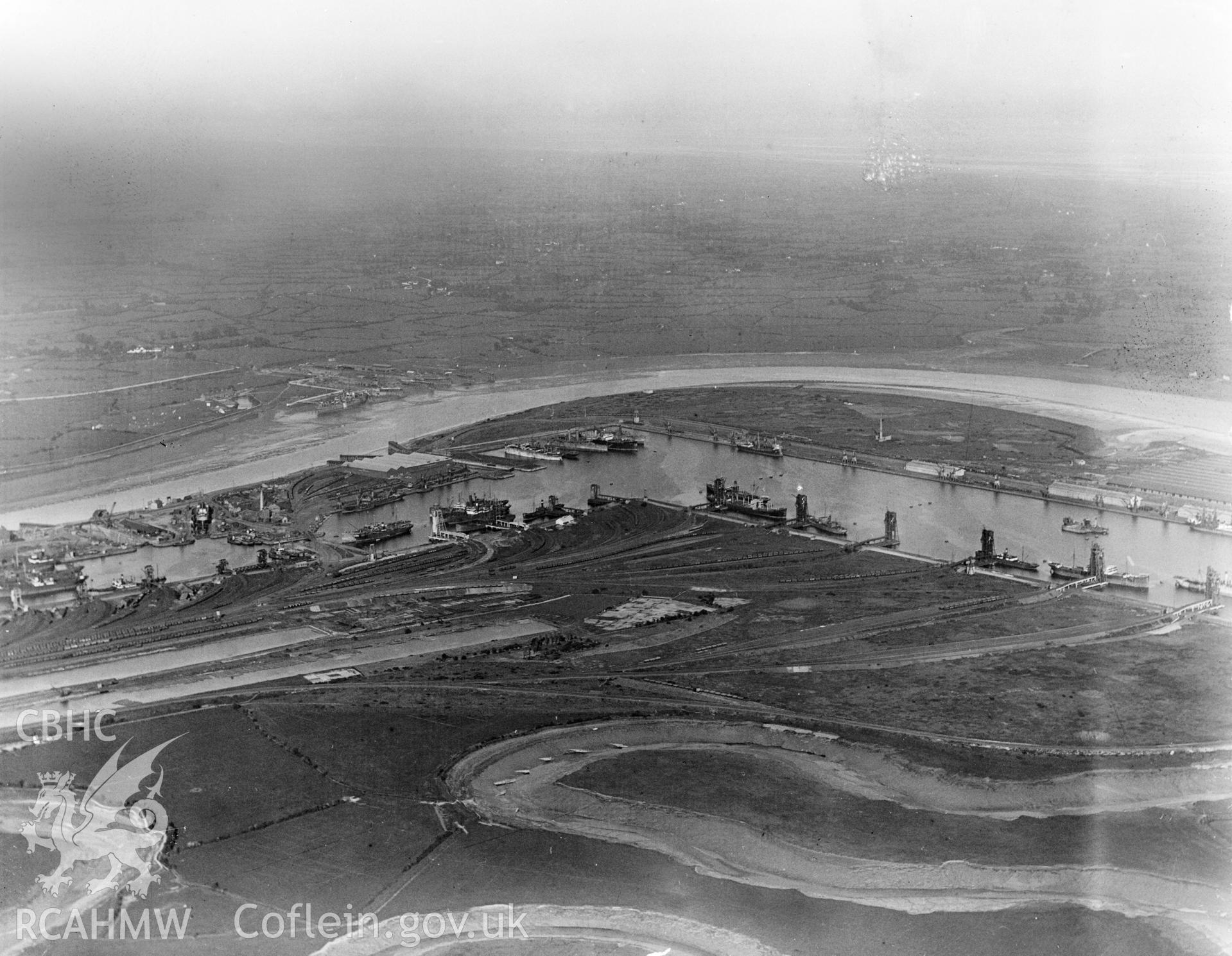View of Newport Docks, oblique aerial view. 5?x4? black and white glass plate negative.