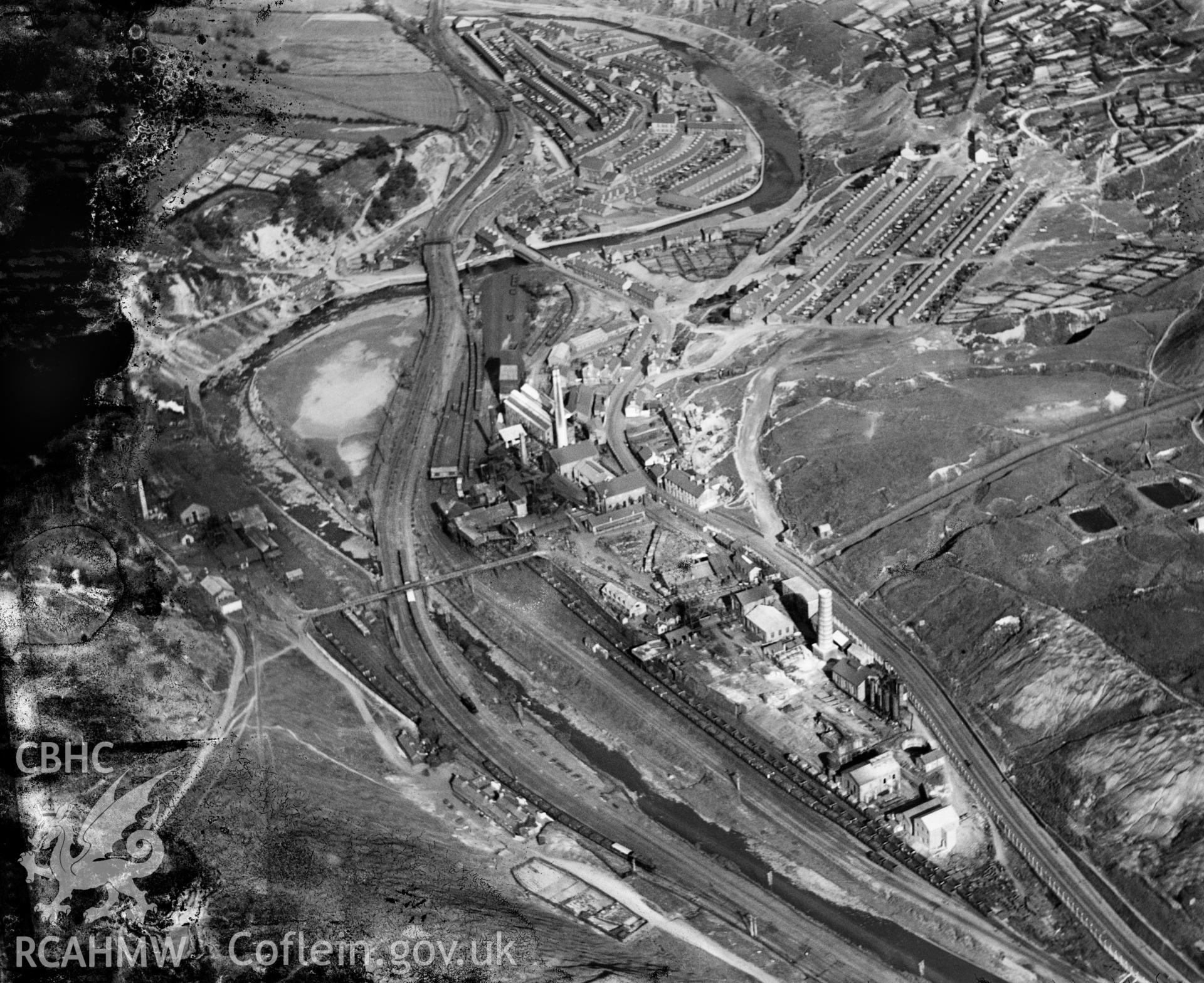 View of Lewis Merthyr Colliery, Hafod looking from west, oblique aerial view. 5?x4? black and white glass plate negative.