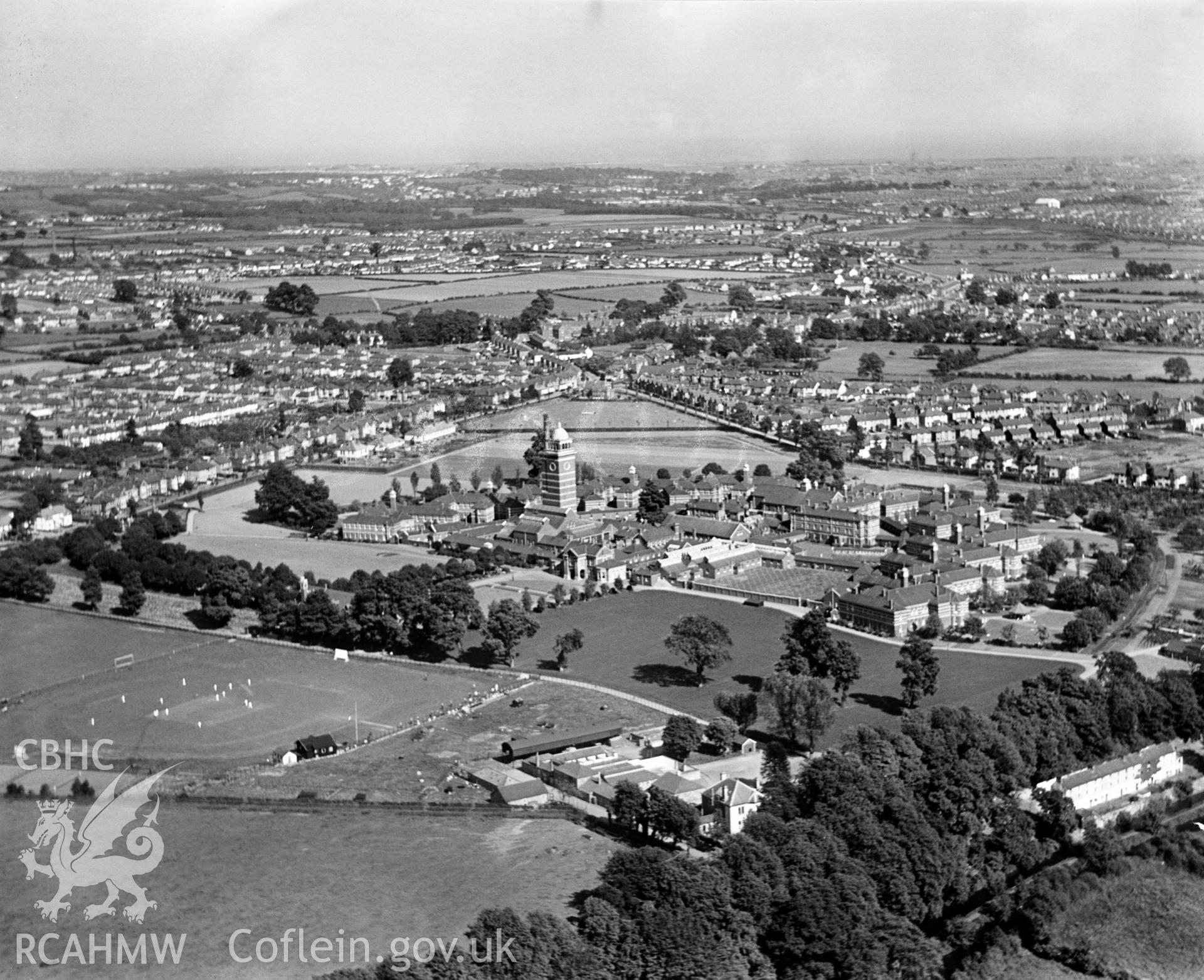 View of Cardiff City Mental Hospital, Whitchurch, showing Whitchurch sports ground, oblique aerial view. 5?x4? black and white glass plate negative.