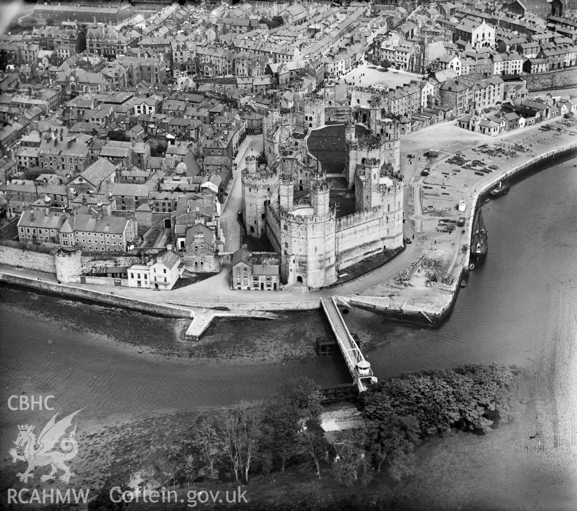 Caernarfon Castle. Oblique aerial photograph.  5?x4? black and white glass plate negative.